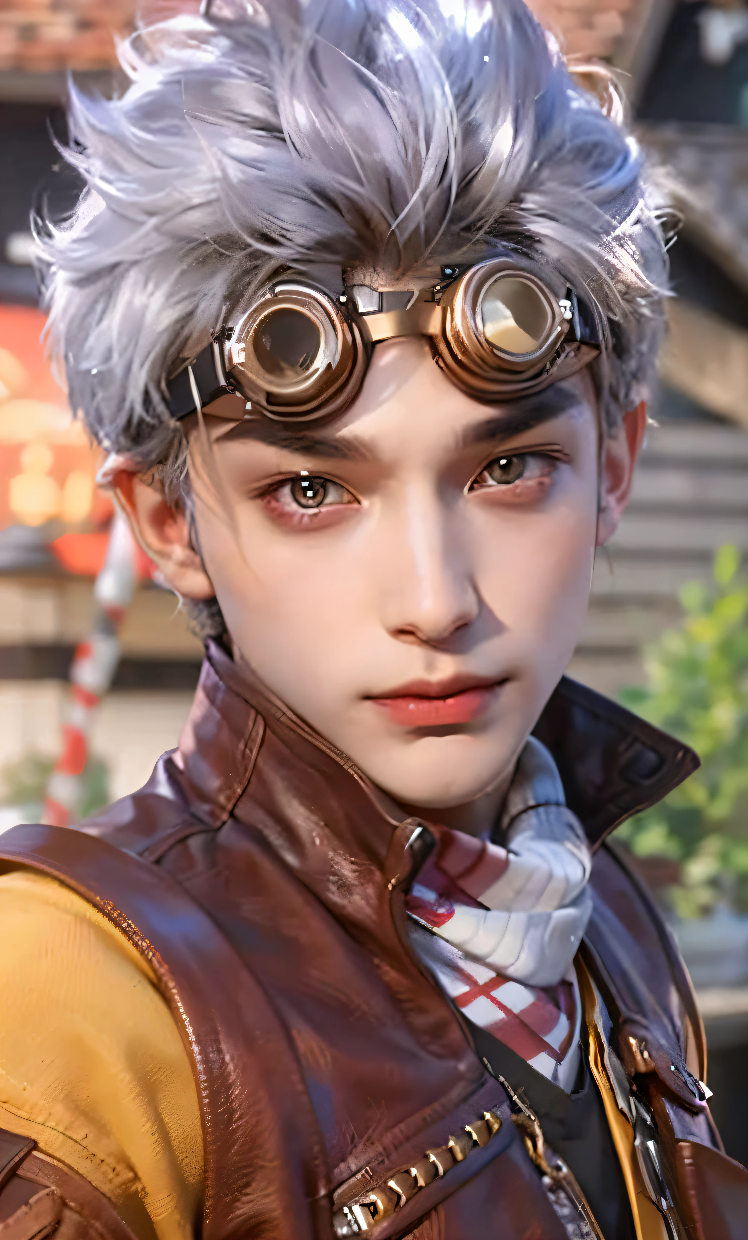 a close up of a person wearing a leather jacket and goggles, akihiko yoshida. UNREAL ENGINE, character close up, character close-up, close up character,, ((handsome face)),((Exquisite Facial Features)),((Superb handsome guy))