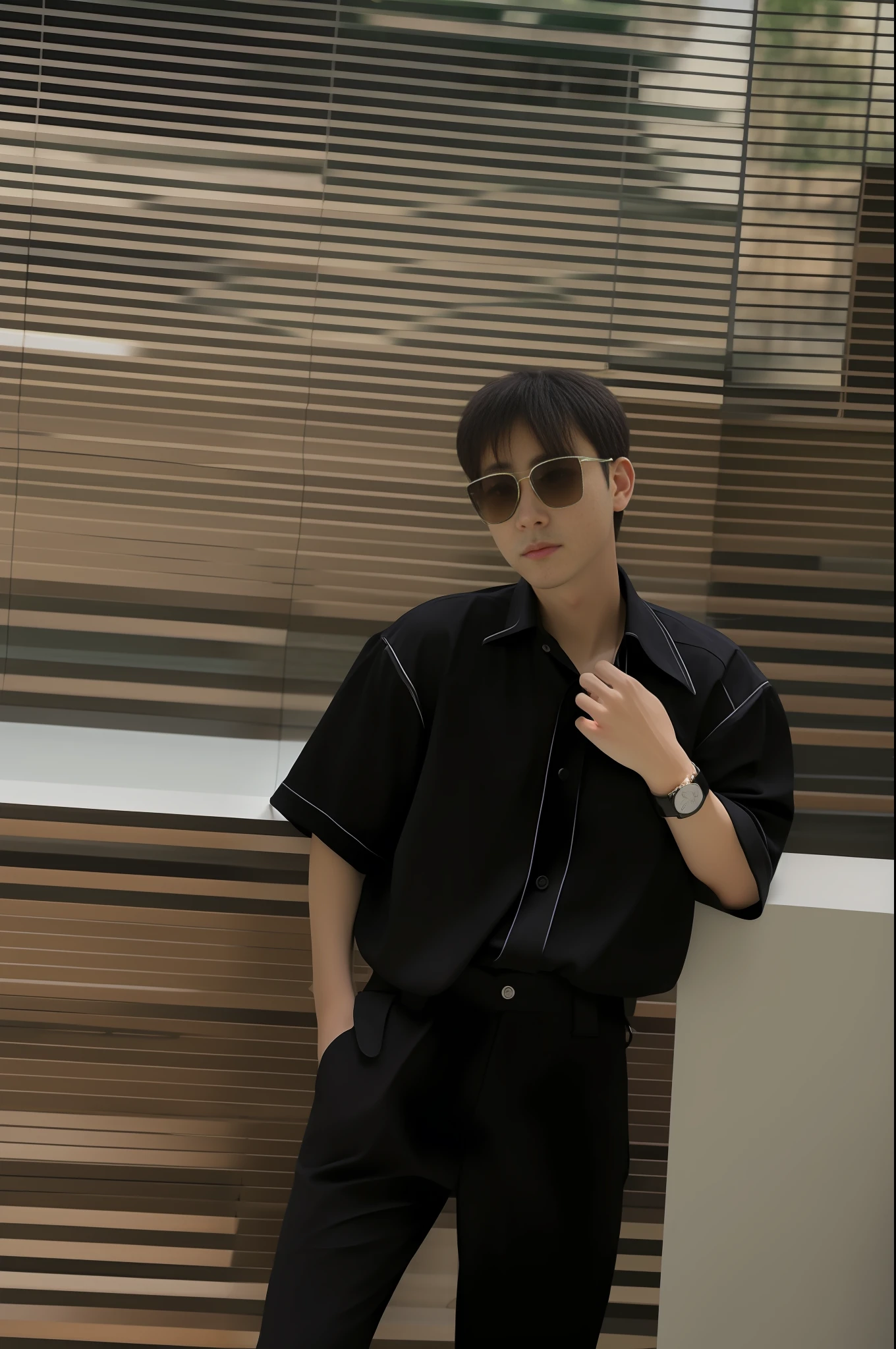 Man in black shirt and khaki pants stands against a wall, with sunglasses, wearing black shirt, wearing black modern clothes, black shirt, taken with sony alpha 9, he is wearing a black, he is wearing a black t-shirt, taken with canon 8 0 d, hyung tae, smooth in _ backgroundBig breasts, dark shades, Large black clothes,best best quality, MasterPiece,handsome face, (Photo realistic:1.3), edgelighting, (High Detail skin:1.2), 8k 超高清, digital DSLR camera, highs quality, HIGH RES, 4k, 8k,Optimal proportions of four fingers and one thumb, (PhotoRealistic:1.3),Delicate proportions of facial features,Detailed depiction of hands,The skin of the arms is softly lined
