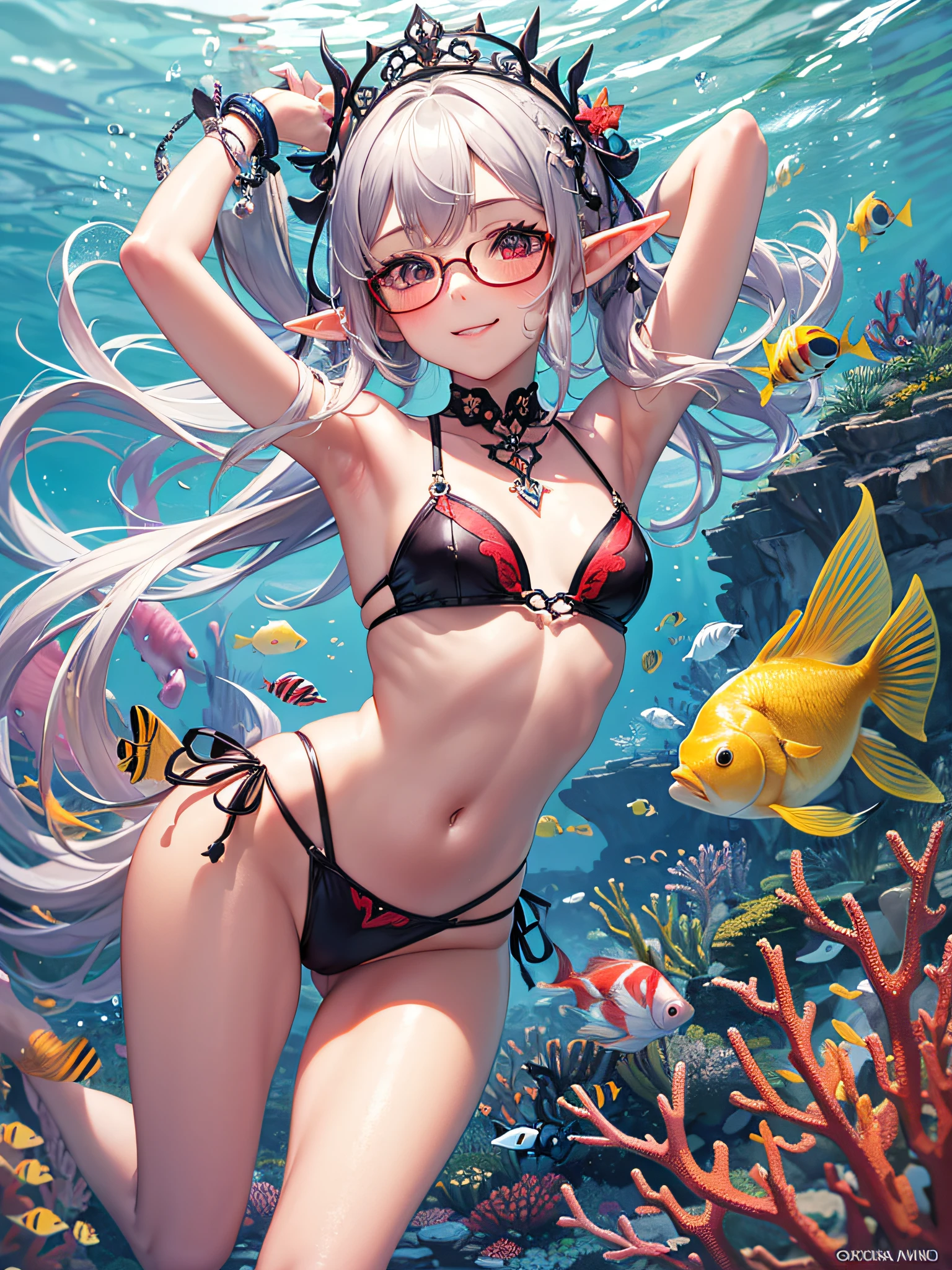 ((masterpiece)), ((best quality)), (ultra-detailed), ((an extremely delicate and beautiful)), perfect anatomy, cute, illustration, ((elf)), , a cute girl, 1girl, solo, ((flat chest)), small breasts, ((thin thighs)), beautiful silver hair, short hair, messy hair, ponytail, beautiful red eyes, upturned eyes, red glasses, hair ornament, smile, stand, blush, dynamic pose, diving into the sea, underwater, Sea, sunlight, swimsuit, coral reef, tropical fish,