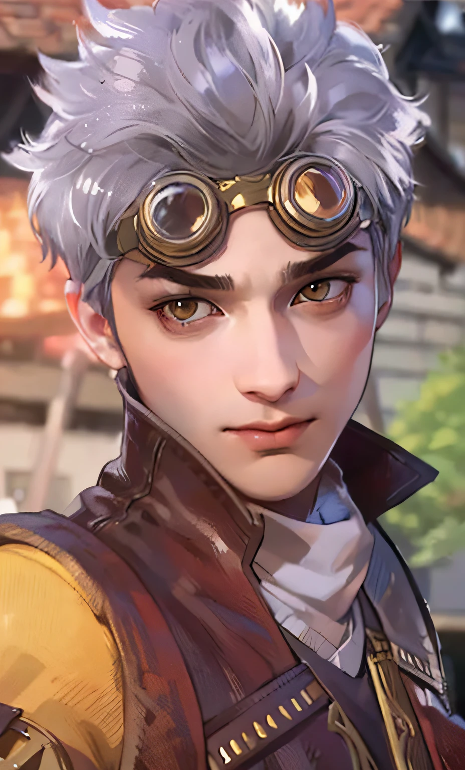 a close up of a person wearing a leather jacket and goggles, akihiko yoshida. UNREAL ENGINE, character close up, character close-up, close up character, monkey king, （（handsome face）），（（Exquisite Facial Features）），（（Superb handsome guy））,（（Face Close-up，Meticulous portrayal））