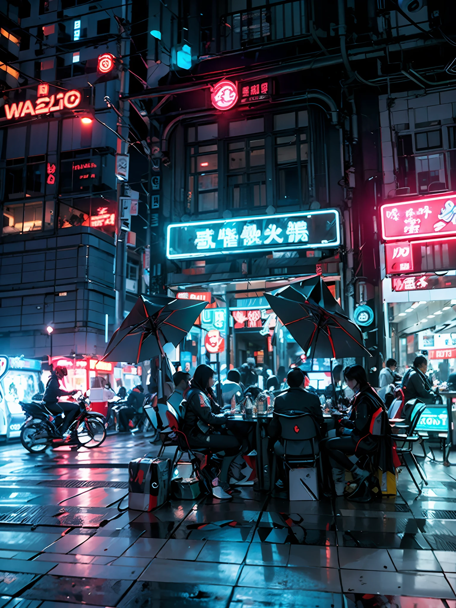 Ultra Resolution,cyberpunk city,on night,neon lighting,multiple people,sitting,