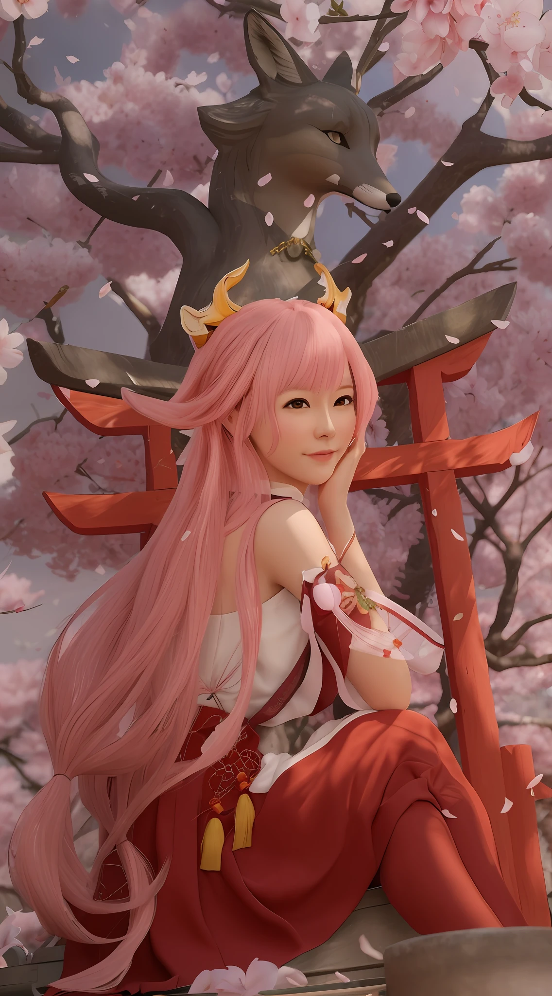 Sitting under a cherry blossom tree in the shape of a fox,There is a red gate behind you, , 《genshinimpact》Yae Miko, 3D,COSER,Pink fox ear girl,best anime 4k konachan wallpaper,Real world,Real person,mesmerizing,Realistic style,mesmerizing,Textured hair,Messy hair,Pink petals float in the air,Fantastic light and shadow