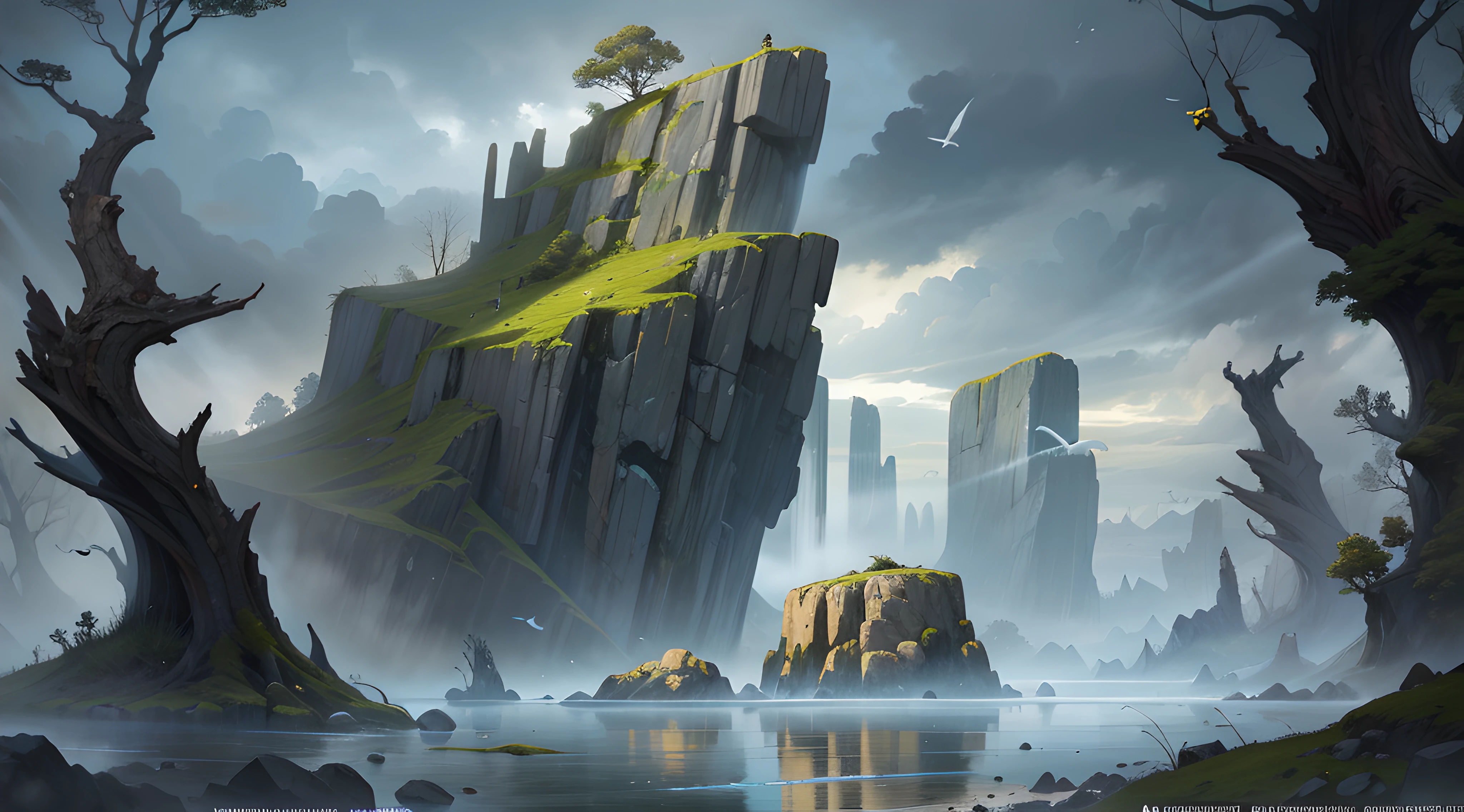 huge ancient rock (with trees an moss) floating in the air, over storm sea, seagulls flying around, muted colors, digital illustration, approaching perfection, dynamic, highly detailed, artstation, concept art, smooth, sharp focus, illustration, ominous, matte painting movie poster, golden ratio