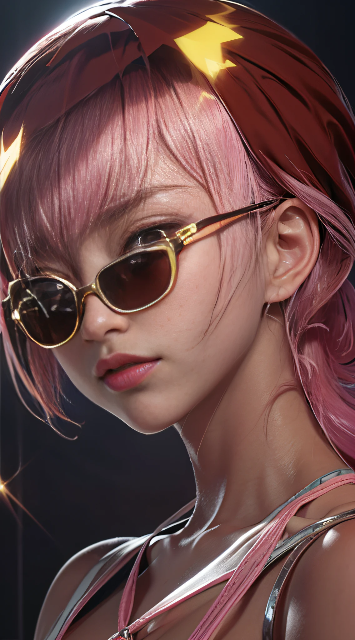 Pink Hair,, Blunt Bangs, 1girl,solo, flashy hair, photorealistic, HIGH RES, A Girl, korean, summer, Cowboy Shooting, sunglasses