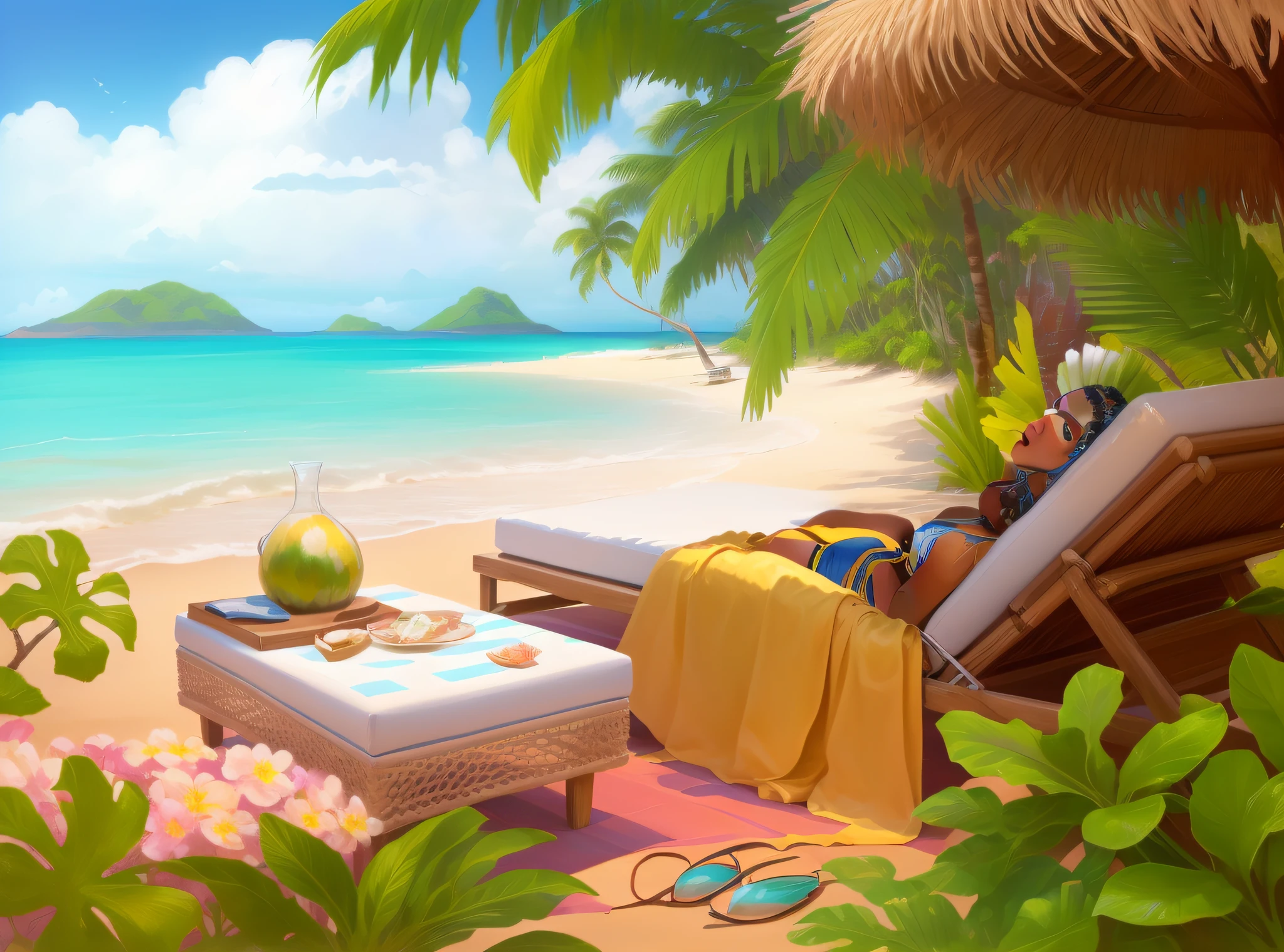 African girl,painting of a tropical beach scene with a lounge chair and table, island background, tropical beach paradise, Relaxing Concept Art, stylized digital illustration, tropical setting, tropical background, beach background, tropical beach, beach setting medium shot, beach setting, tropical island, tropical landscape, at a tropical beach, stylized background, beautiful tropical island beach, tropical paradise