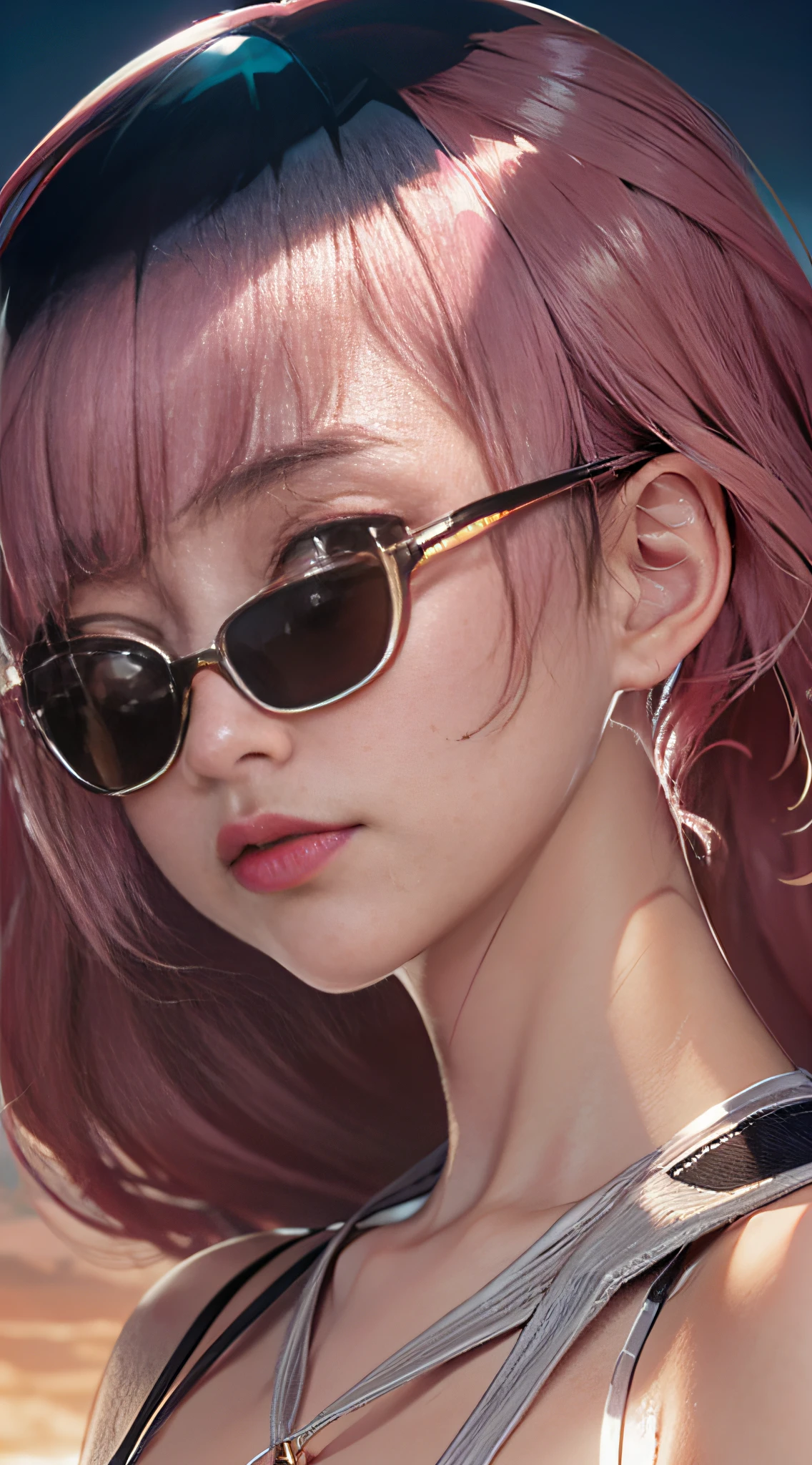 Pink Hair,, Blunt Bangs, 1girl,solo, flashy hair, photorealistic, HIGH RES, A Girl, korean, summer, Cowboy Shooting, sunglasses
