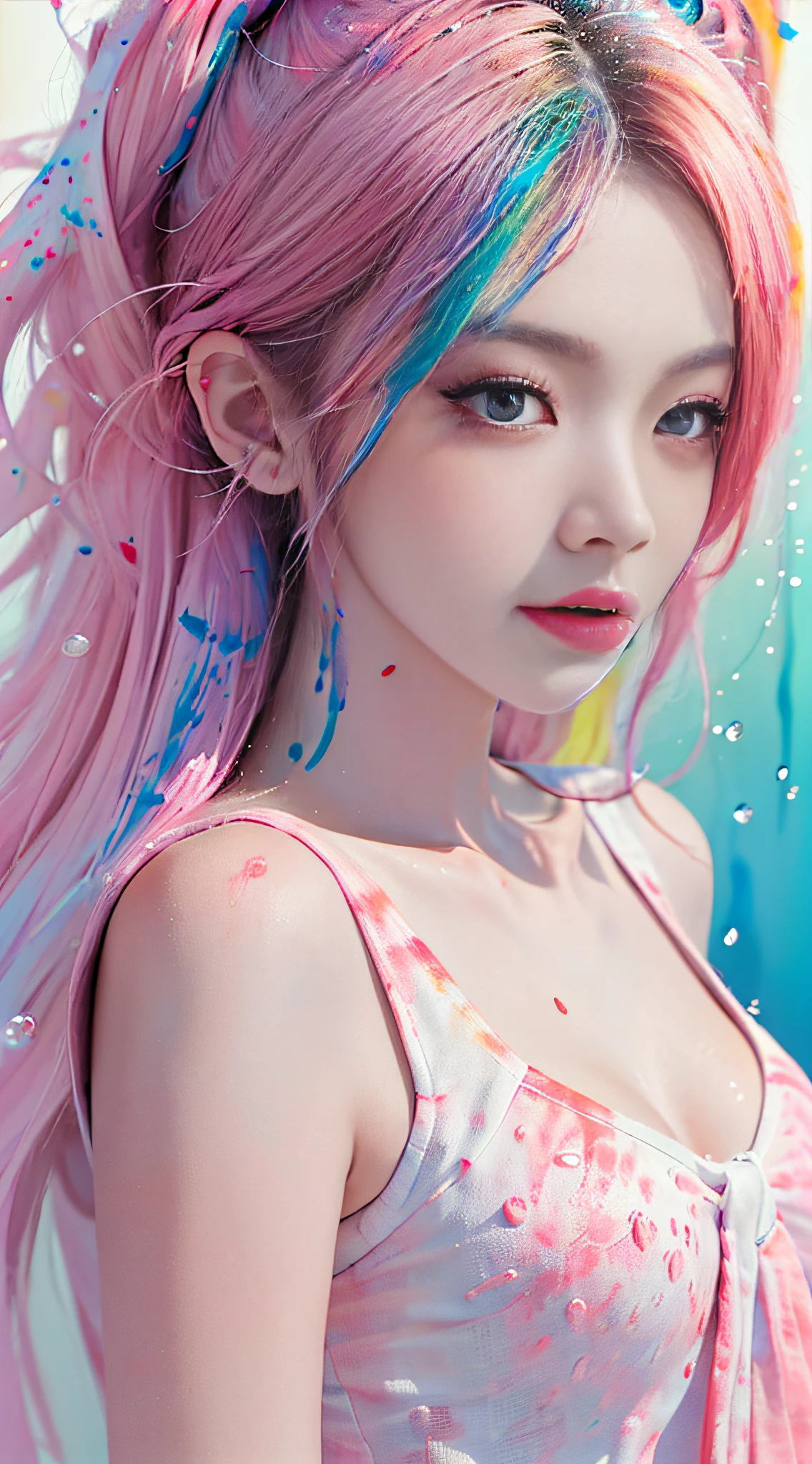 (Masterpiece, Best Quality, High Resolution), White Background, ((Paint Splash, Color Splash, Splash of Ink, Color Splash)), Sweet Chinese Girl, Rainbow Hair, Pink Lips, Front, Upper Body