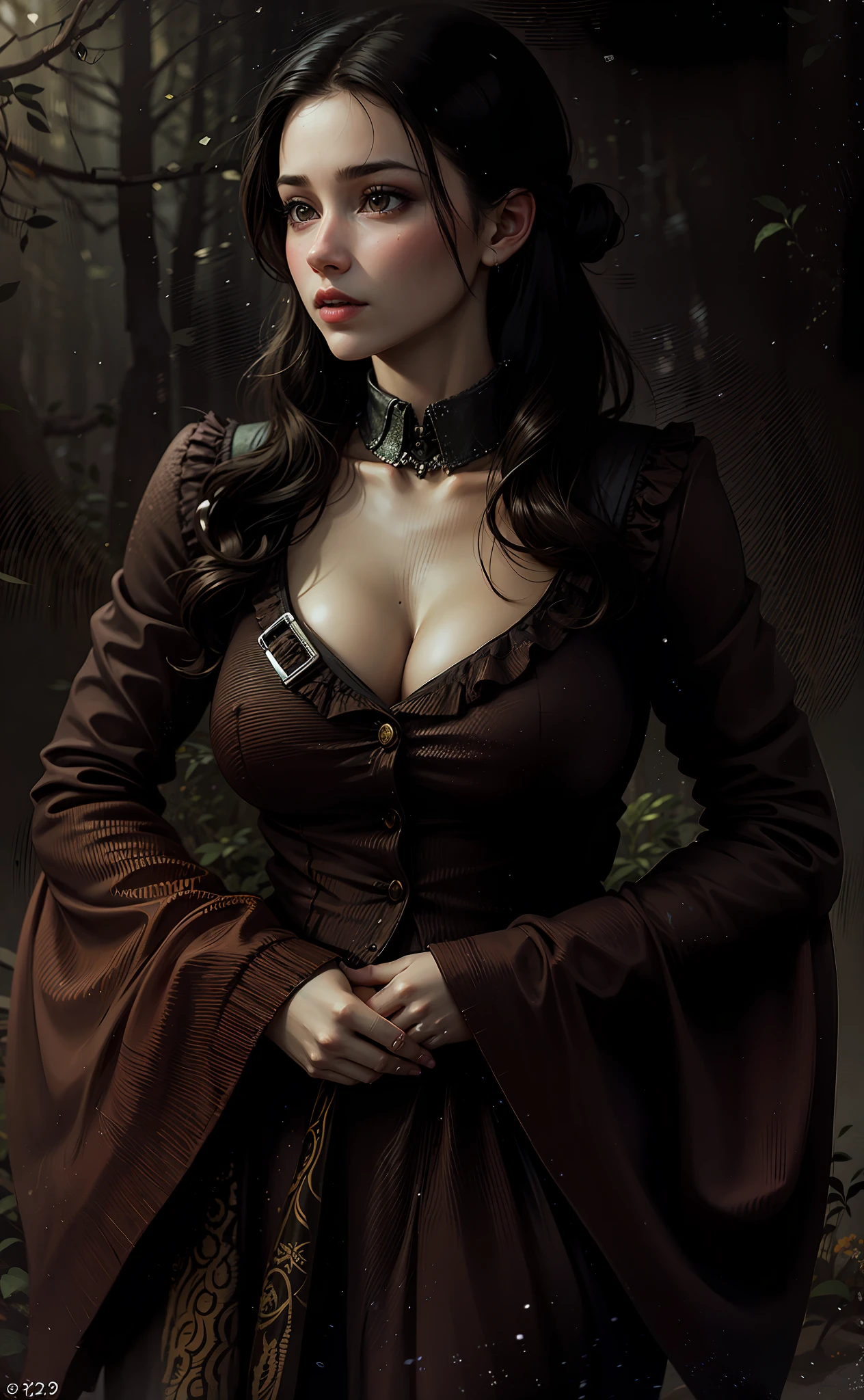 a hyper-realistic portrait of a young woman, under a tree, inside a forest, in the middle of nature, 22 years old, realistic, (lying on her side), sexy, (huge breasts 2:1), short brown hair, (hair tied with bows), curved, SFW