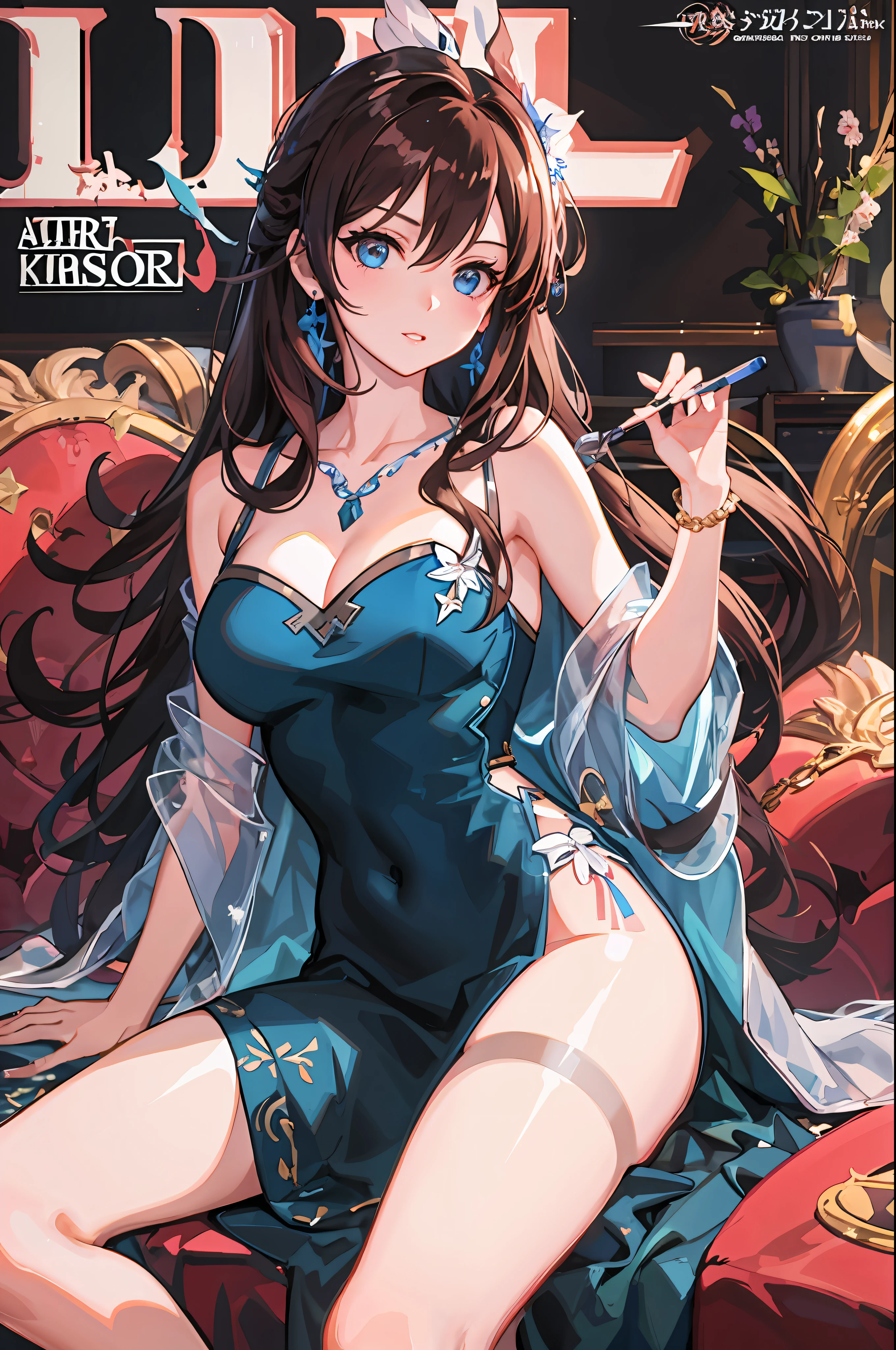 a woman in a blue dress sitting on a red couch, artgerm on artstation pixiv, extremely detailed artgerm, range murata and artgerm, Marin Kitagawa fanwork, pixiv 3dcg, kawacy, seductive anime girls, Best Rated on pixiv, female mage!, in pixiv, granblue fantasy, ! Dream ArtGerm