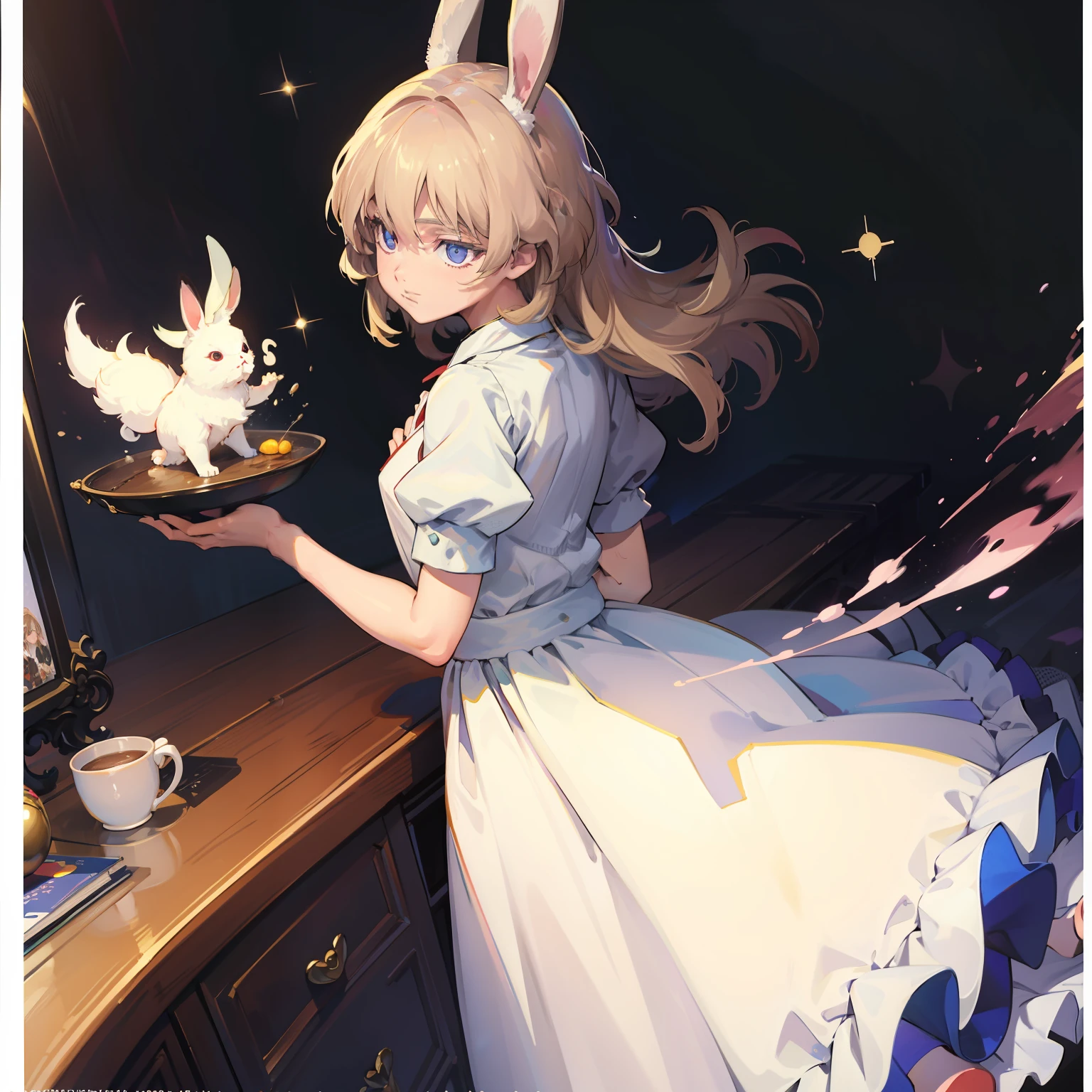 anime girl with rabbit and clock in her hands, kawacy, like alice in wonderland, alice from alice in wonder land, splash art anime loli, Guweiz in Pixiv ArtStation, portrait of alice in wonderland, alice in wonderland style, detailed digital anime art, trending on artstation pixiv, alice, the white rabbit, anime fantasy illustration,景深1：5，official arts， Unity 8k壁纸， ultra Detailed， Beautiful and beautiful， MasterPiece， best best quality， （Dynamic Angle：1.4），Romantic depth of field exotic_Dance，，PerfectNwsjMajic，（MasterPiece，topquality，best best quality，official arts，Beauty and aesthetics：1.2），extremedetailed，COLORFUL，highest details,，MasterPiece， the best quality t， Realistic ，