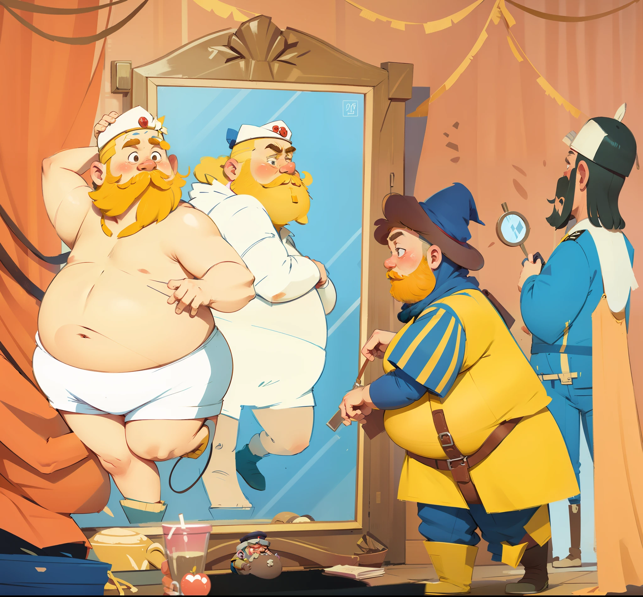 The fat man with a yellow beard is naked，In front of the mirror，There were two soldiers next to them
