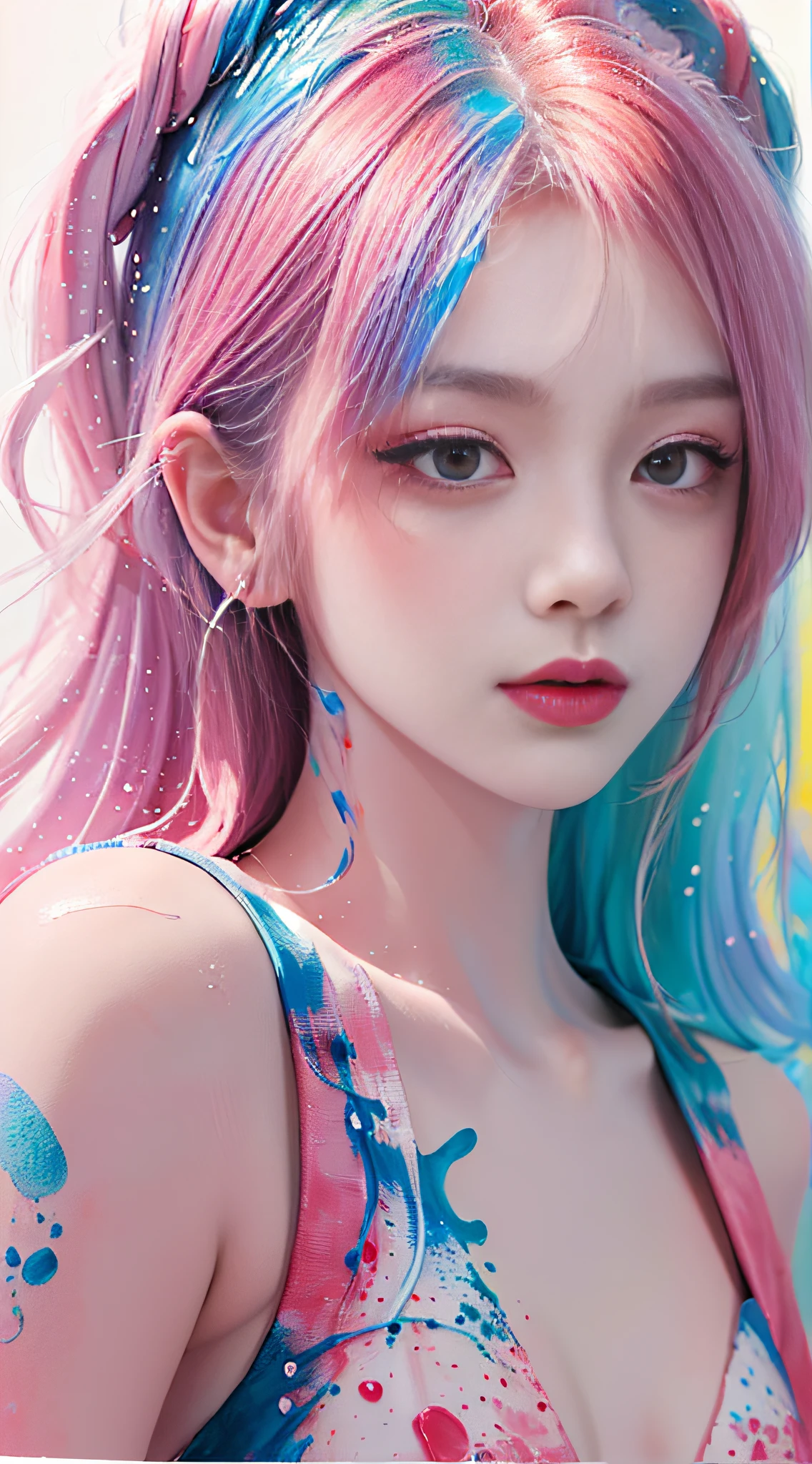 (Masterpiece, Best Quality, High Resolution), White Background, ((Paint Splash, Color Splash, Splash of Ink, Color Splash)), Sweet Chinese Girl, Rainbow Hair, Pink Lips, Front, Upper Body