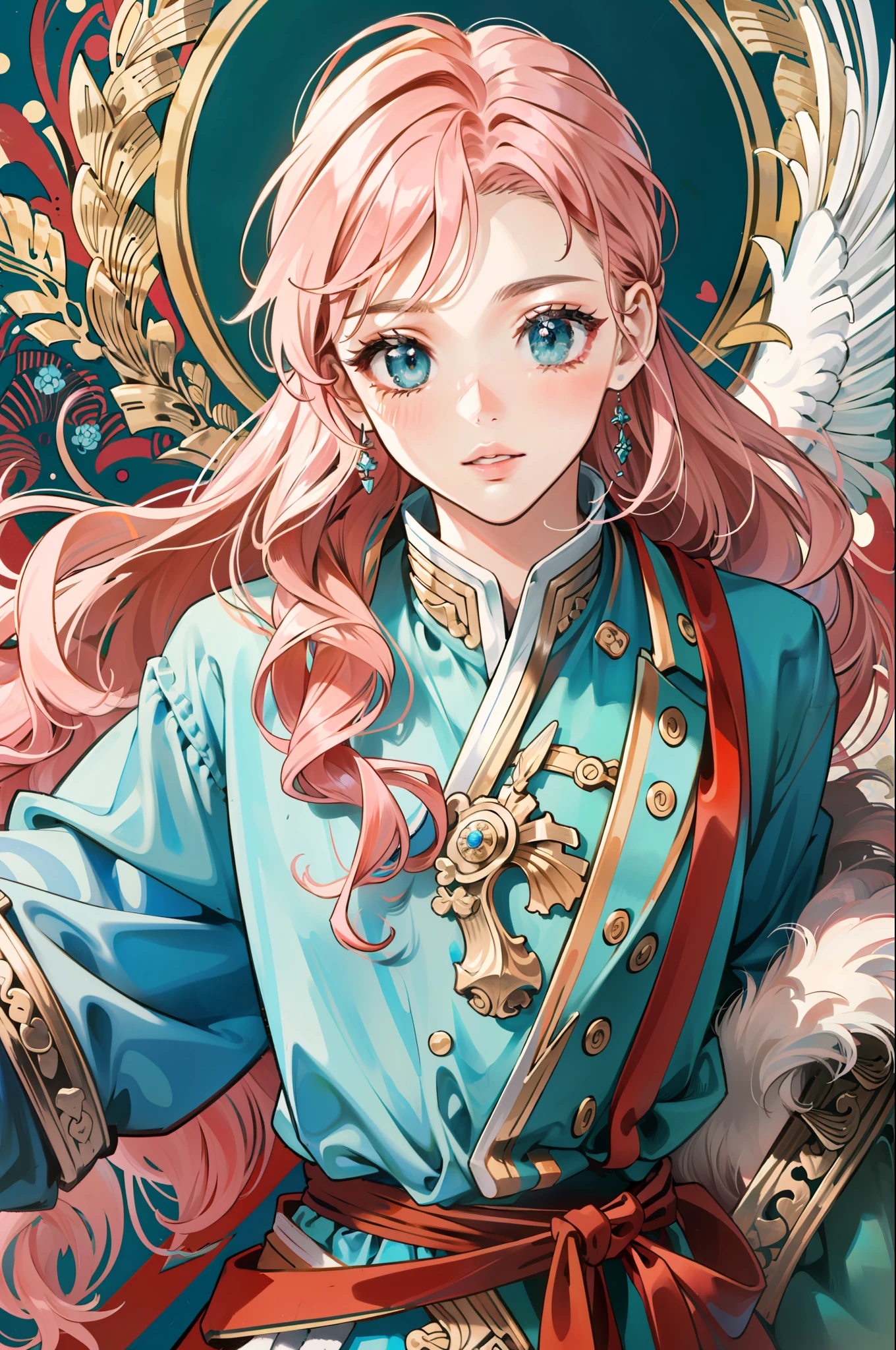 ((masterpiece:1.2, best quality)), ultra detailed, Ultra-precise depiction, Ultra-detailed depiction, (zentangle:1.2), (dynamic pose), (abstract background:1.5), wavy long hair, pink hair, 1girl, colorful, portrait, (from above:1.2)