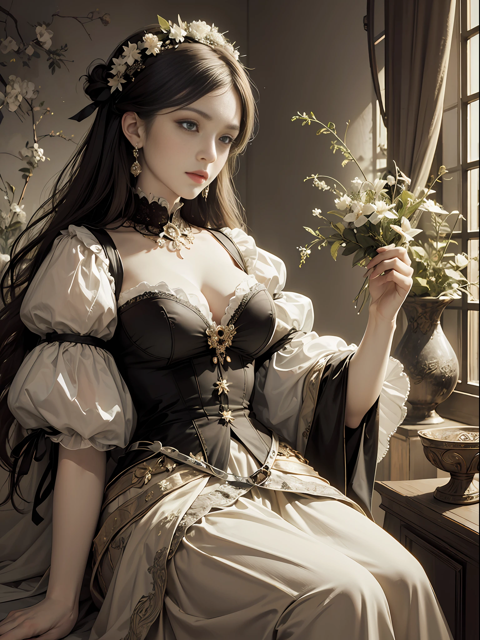 (Pure Color: 0.9), (Color: 1.1), (Masterpiece: 1,2), Top Quality, Masterpiece, High Resolution, Original, Highly Detailed Wallpaper, Beauty, Victorian, Dress, Melancholy, Big Breasts, Sepia Color, 40 years old --auto --s2
