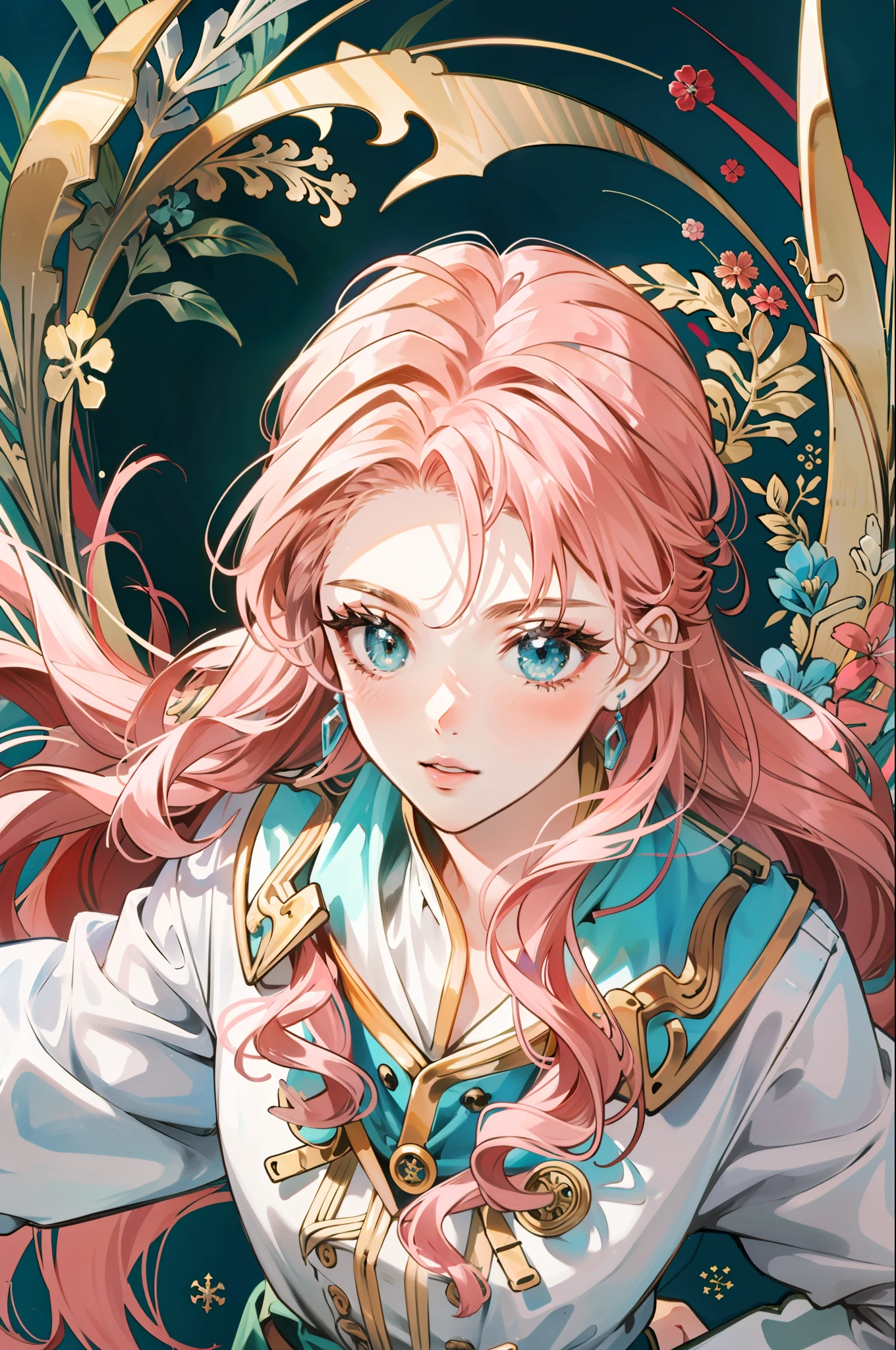 ((masterpiece:1.2, best quality)), ultra detailed, Ultra-precise depiction, Ultra-detailed depiction, (zentangle:1.2), (dynamic pose), (abstract background:1.5), wavy long hair, pink hair, 1girl, colorful, portrait, (from above:1.2)
