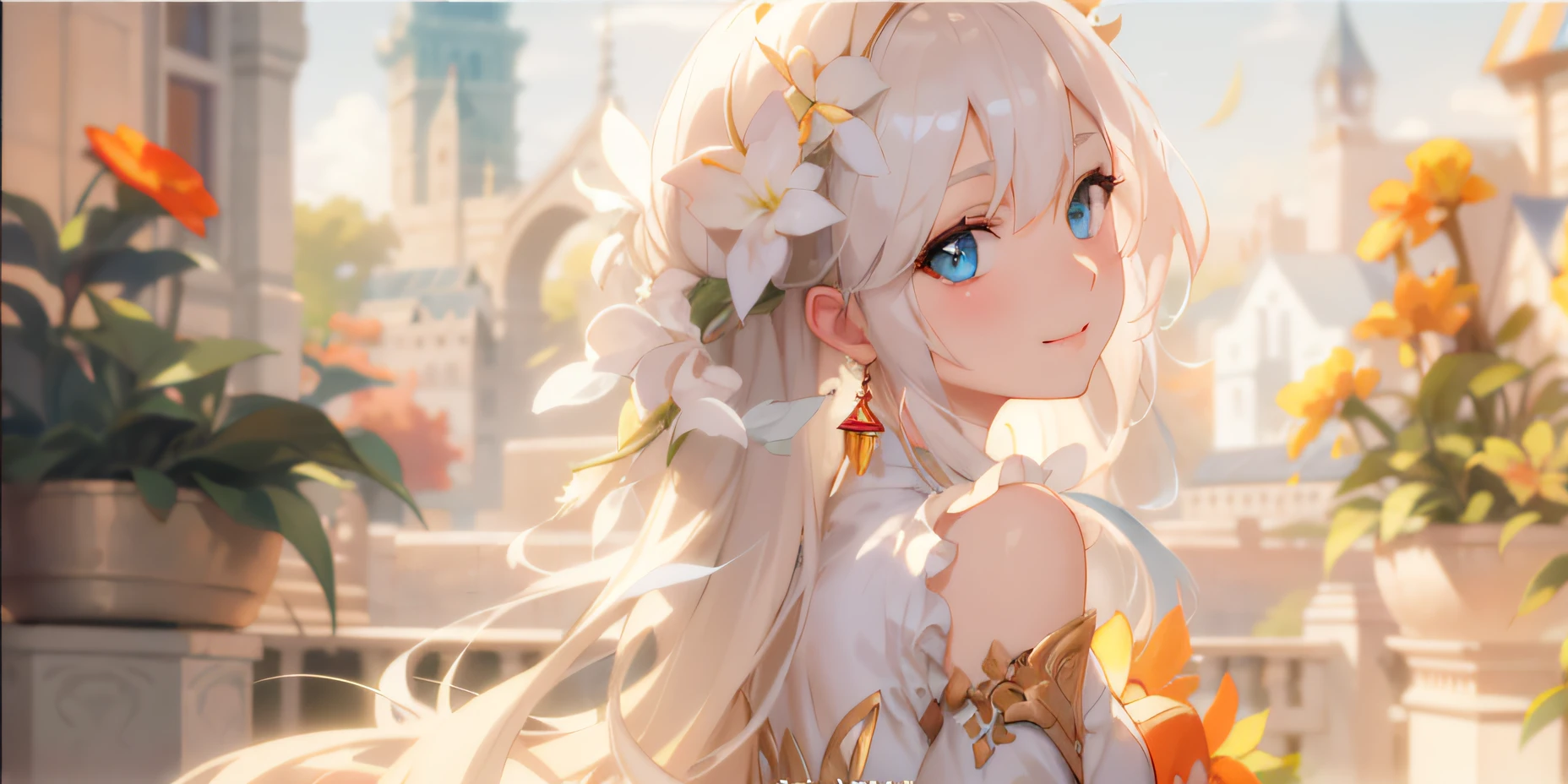In front of the castle there is an anime girl with long white hair and blue eyes, Shying,Sorrisos, intricate ornate anime cgi style, trending on artstation pixiv, anime visual of a cute girl, ayaka genshin impact, kawacy, Guwiz, beautiful fantasy anime, Beautiful Anime Artwork, beautiful anime art, genshin, A masterpiece, a highly realistic and hyper-detailed rendering, full of sunlight, Warmth, cured, a beautiful anime portrait, artgerm and atey ghailan, guangjiao, MasterPiece, best best quality