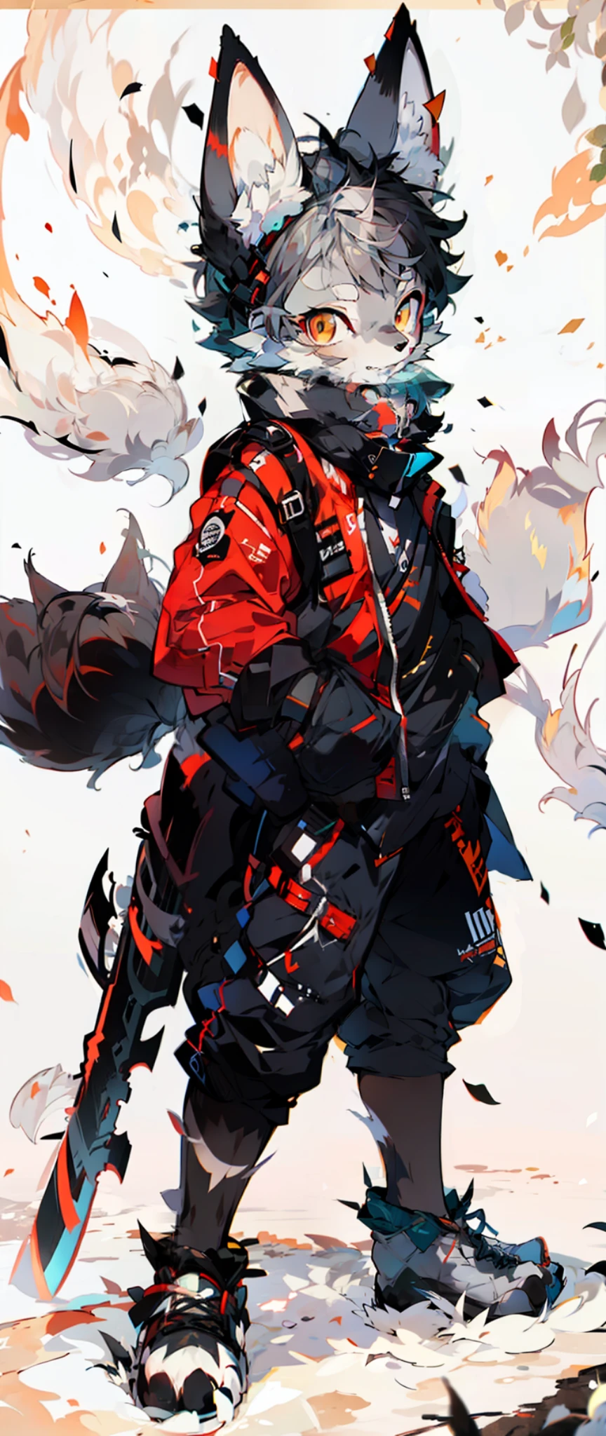 (fluffy anthro furry:1.3), 1girl, solo, furry cat, cat ears, solo, furry, furry male, male focus, anthr, (full body fur, fluffy tail, gray-black fur, brown eyes, gray hair: 1.2), (long canine) anime style gray-black wolf boy battle-hardened trained holding symmetrical long-bladed weapons with two ends full body black silent forest in background