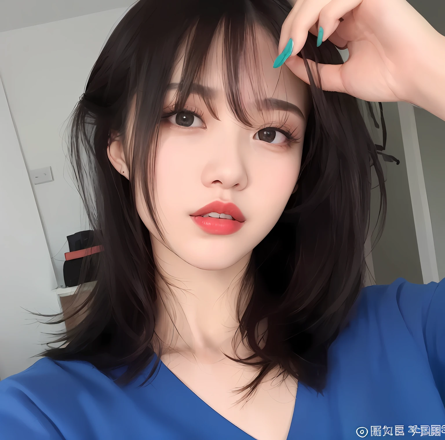 there is a woman with a blue shirt and red lipstick, ulzzang, ruan jia beautiful!, sha xi, xianxia, xintong chen, cai xukun, neat hair with bangs, with bangs, blunt bangs fall on her forehead, li zixin, lu ji, she has black hair with bangs, girl cute-fine-face