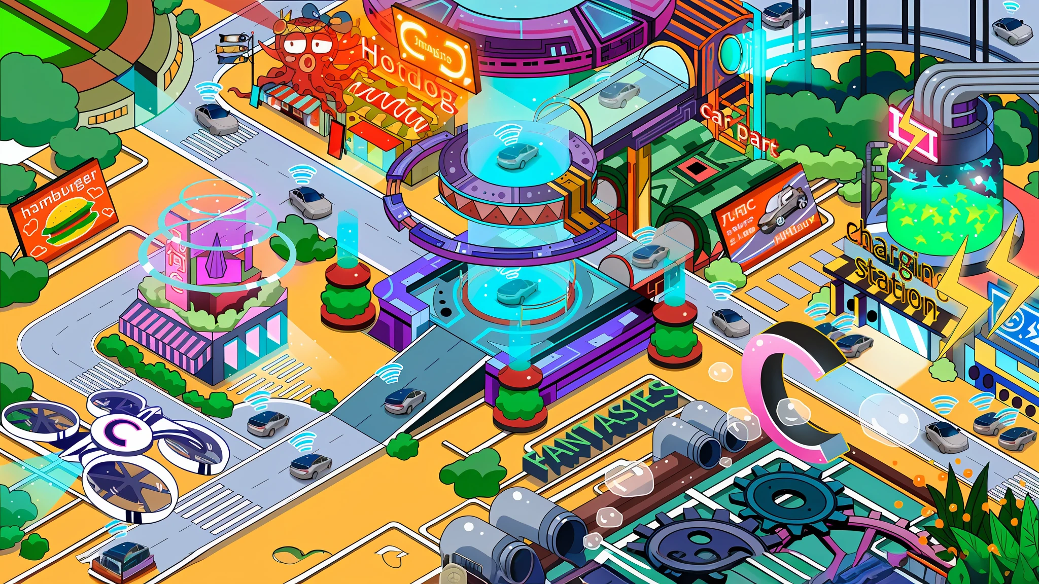 a close up of a cartoon city with a lot of buildings, isometric futuristic game, robot factory, cyber mushroom city, theme is cyberpunk city market, cyber city, busy cyberpunk metropolis, mall background, detailed game art, pc screenshot, isometric game art, colorful dystopian futurism, futuristic street, isometric illustration fun, incredible isometric screenshot, solar punk city