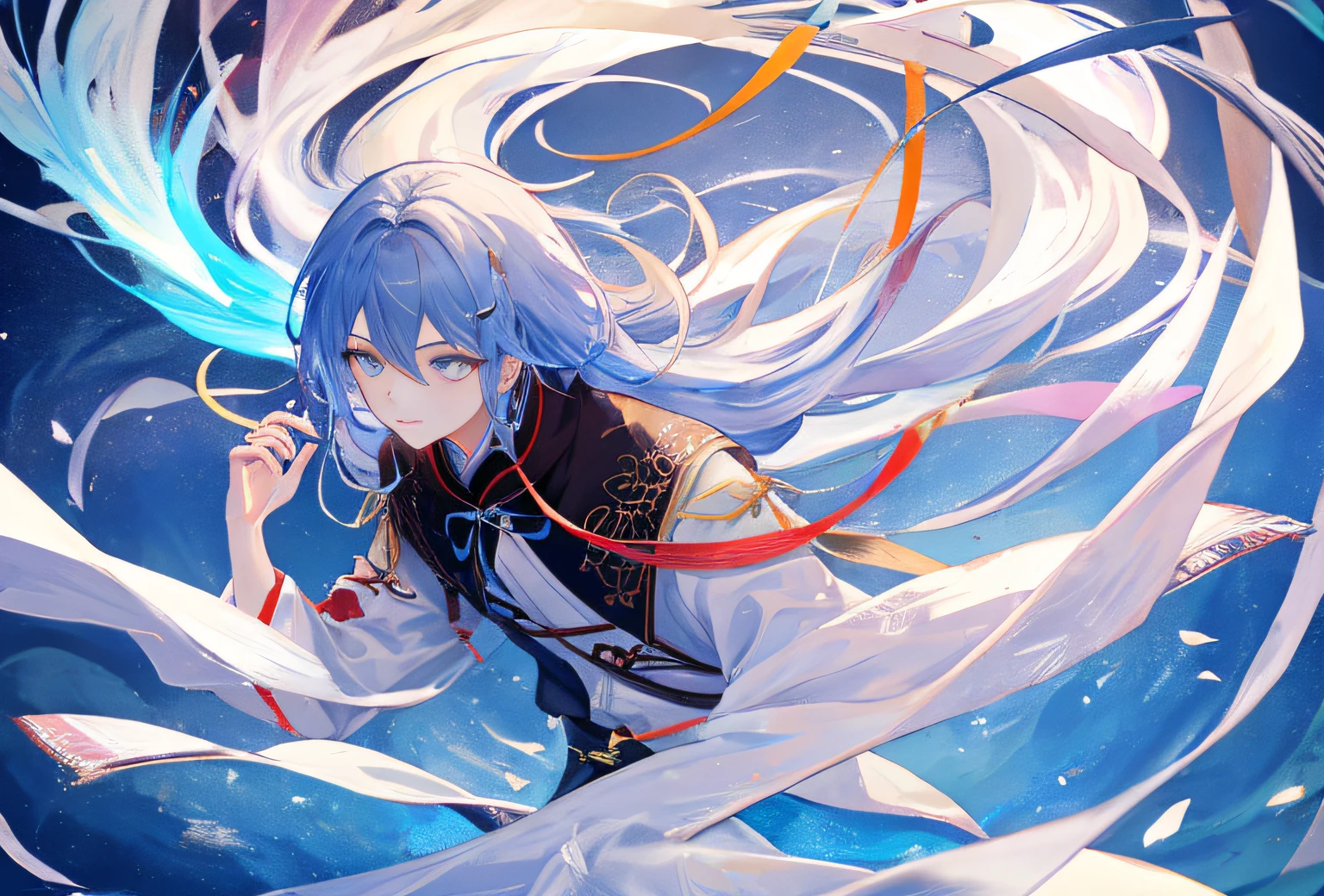 8k,best best quality,MasterPiece,desktop wallpaper,hdt,desktop wallpaper,HIGH RES,A young boy,Younger,Shota,High-definition full-body images,Fluorescent blue and white hair floating in the air,HD faces,Dan Phoenix Eye,Blue-black pupils,Clear lines,Delicate face shape,shawl hair,Flowing hair,Dream Hanfu,Normal attire,exquisite background,dreamy background