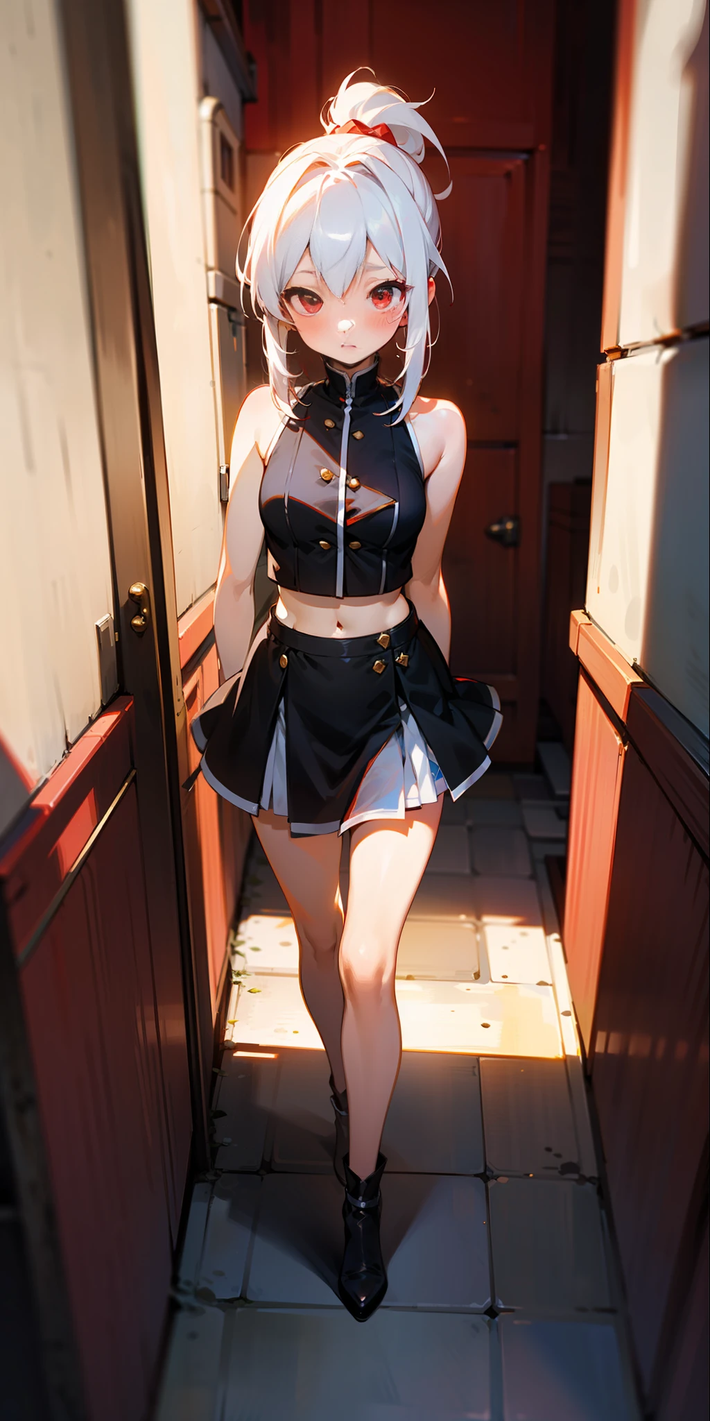 (maximum quality)，(depth offield)，(full body)，lovely，Rich Detail，(white hair)，Two-dimensional，long ponytail，Light red eyes，Red hair accessories，Sleeveless，open shoulders，Crop topping，hands placed behind the back，[blushed]，(Shying)，A corner of the alley