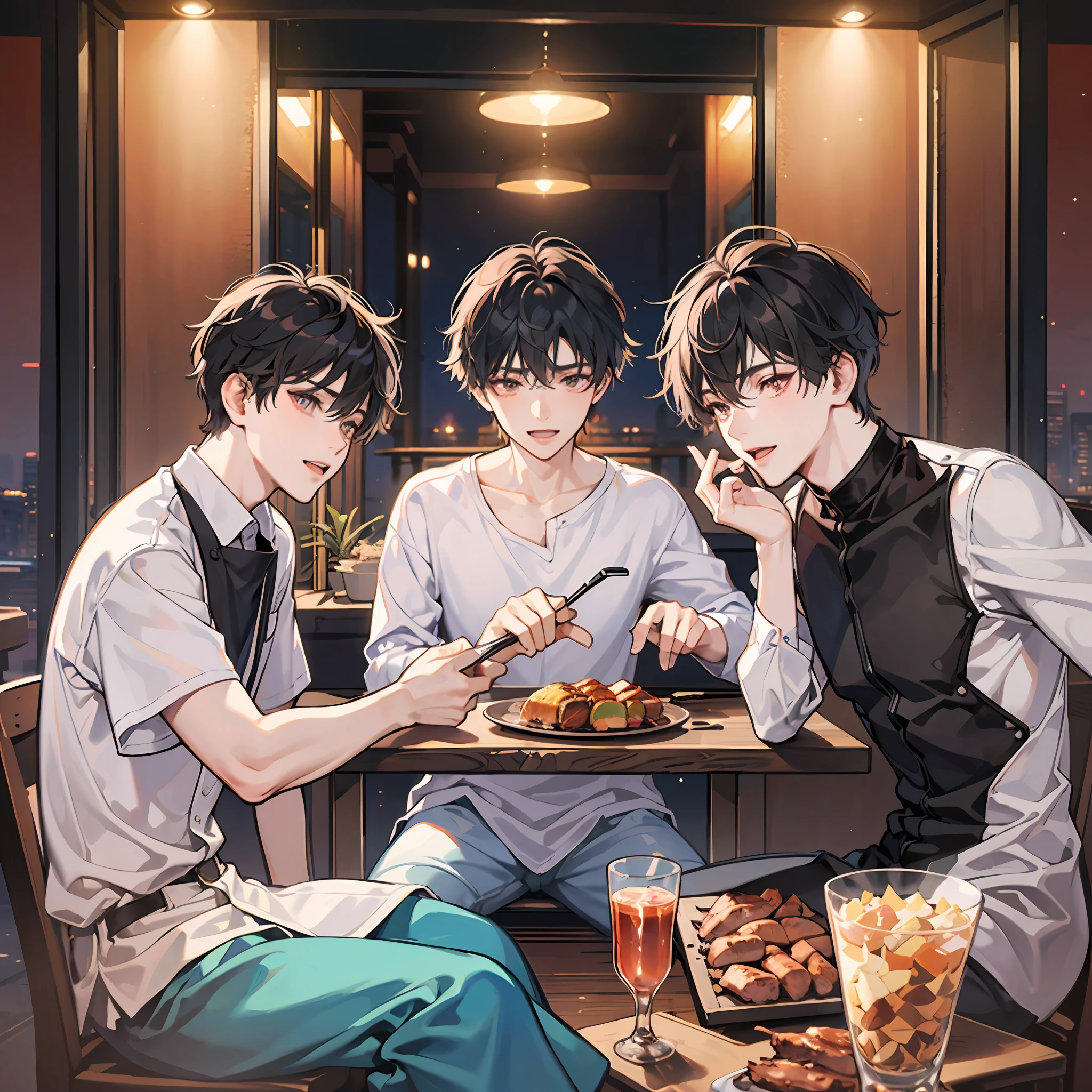 (Three men:1.4),bobed hair,Refined face,White Skin Skin,(In the barbecue restaurant at night:1.4),holding cell phone,Had a good laugh,8K HD,Stunning view,master masterpiece-high quality image,Refinement(FULLBODY:1.4)