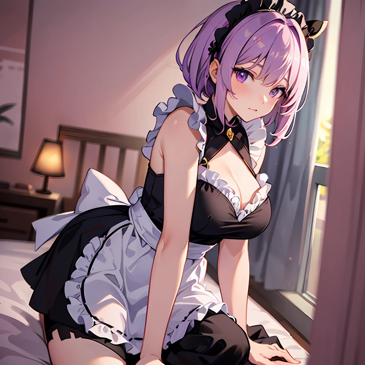 anime girl in a maid costume,Short pink purple hair,bobed hair,Purple eyes,Super shy expression,Shy movement posture,Sexy maid outfit,short miko skirt,Sling black silk,seductive anime girls,Stand in the bedroom,Warm pink light,Near the whole body,Ultraclear,ultra Detailed,best best quality,MasterPiece,