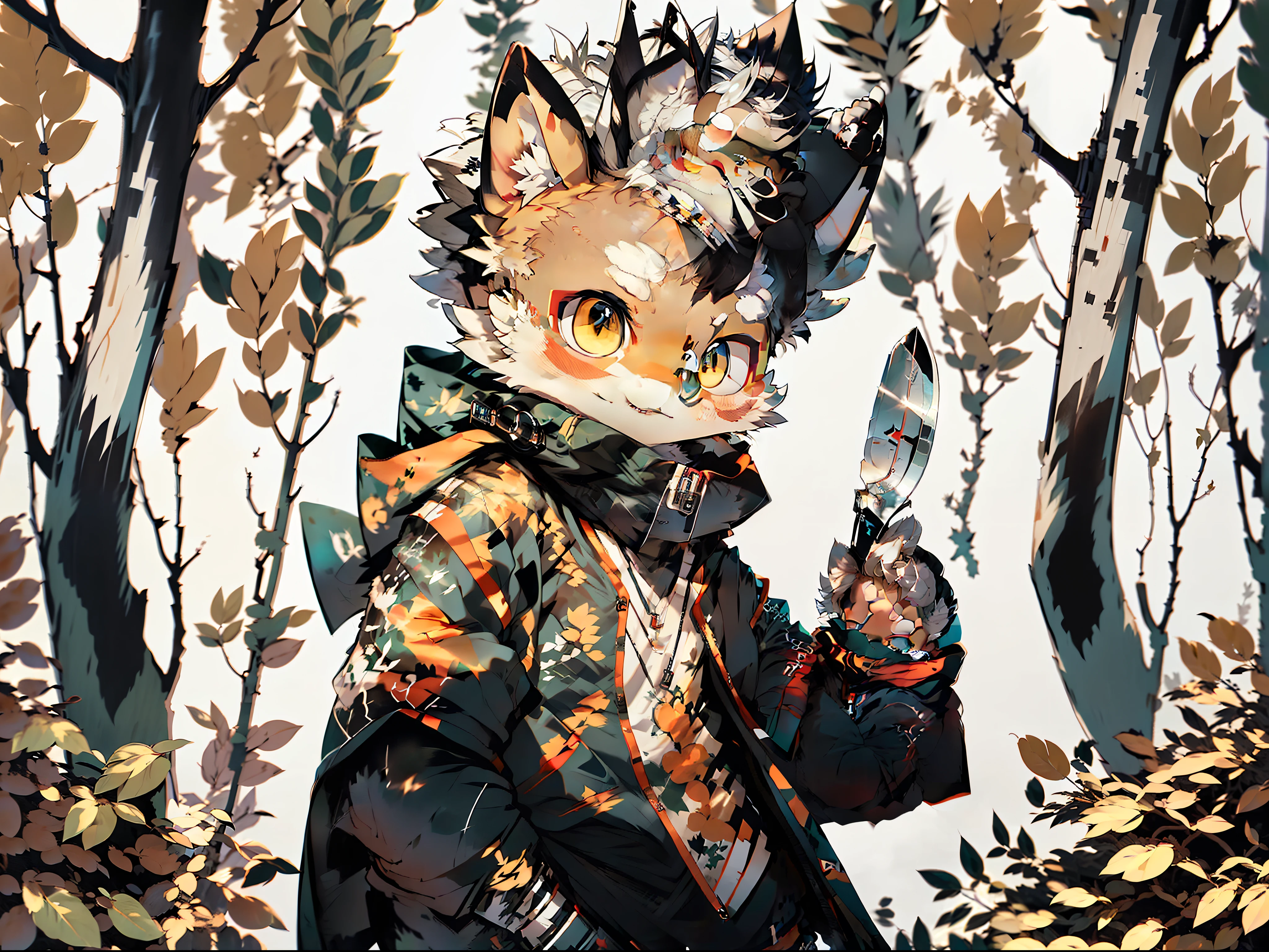 The boy, hood up, Blushlush, brown hair, BROWN EYES, hood up, There are no pupils, CHIBI, ghostfuck, longsleeves, cloaks, bobed hair, Long knife in hand, Pitch black forest, A bare tree behind him, Bonfire ceremony, Rich background, silver hair, hair over shoulder, heterochromia, anime style, HIGH RES, best best quality