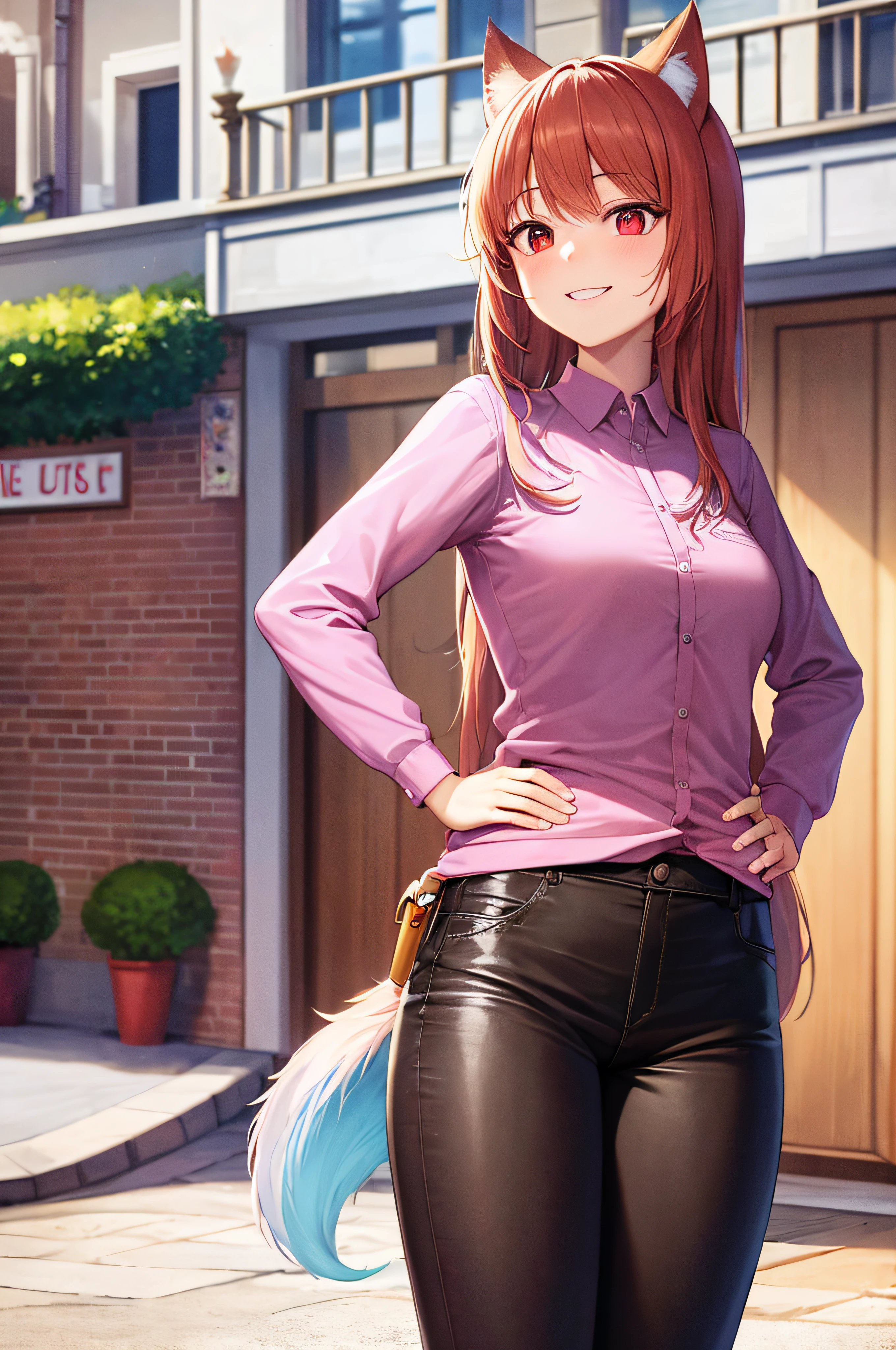 masterpiece, best quality, absurdres, 1girl, watching the sky, standing, cowboy shot, outdoors, medieval, cobblestone street, town, hands on hips, pouch, sash, black pants, smile, orange hair, red eyes, wolf tail, wolf ears