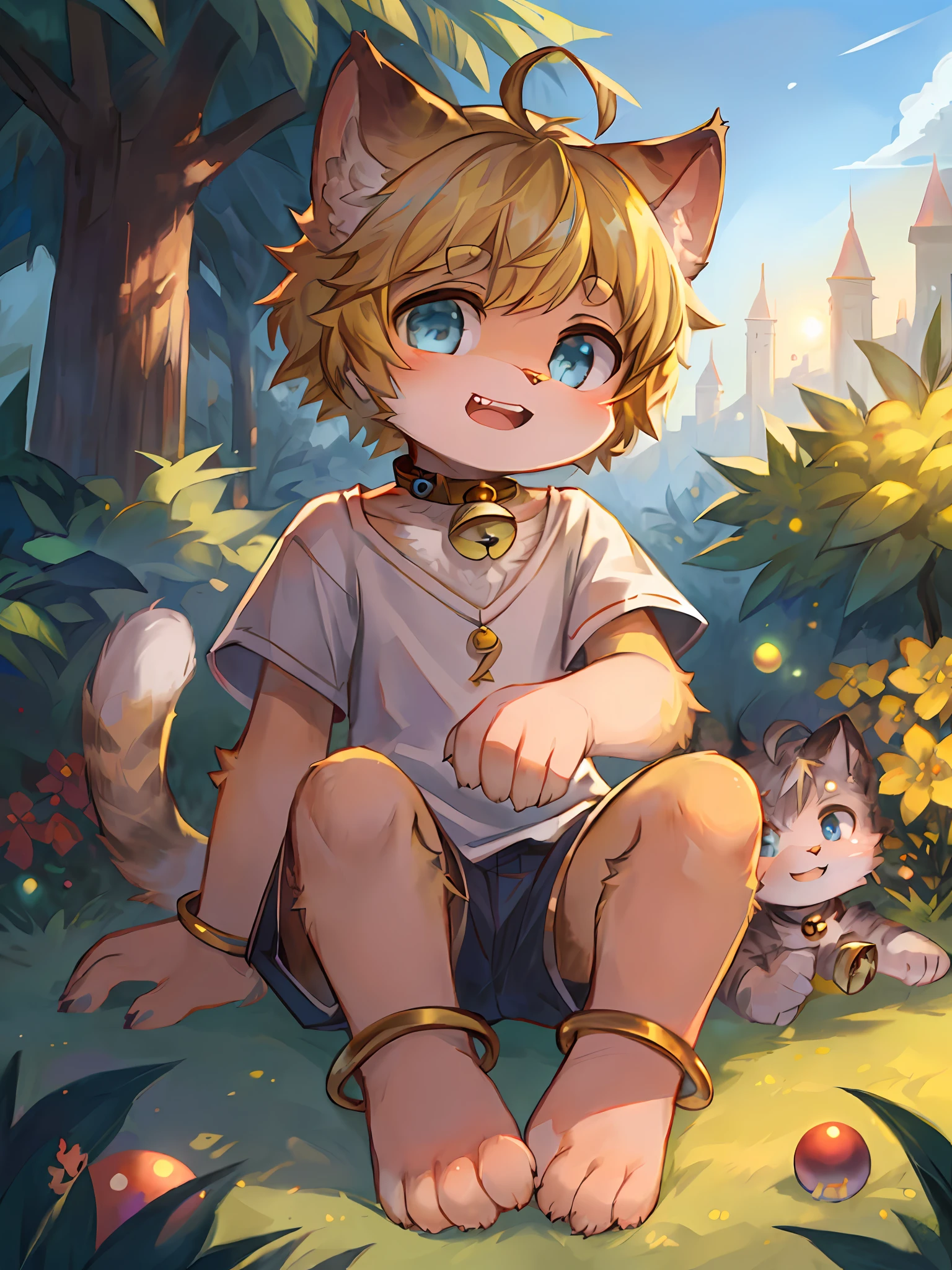 spheres,Stand in front of the garden,bobed hair,blondhair,Light blue eyes,Ahoge,Bell collar,FULLBODY,lenfant,Furries,cat ears,cat ears,open mouth,There are cat teeth,yun,SKY、,SKY,The sun,In summer,No spots,Cubs,Yellow hairs everywhere,Yellow fur everywhere,Hairy all over,Cat type,Fluffy cat tail,MasterPiece,quality portraits,human shape,Cubs,Solitary child boy,aeolian,Full Shot Shot,White top with short sleeves,gray shorts,Super cute face,Dore,Fluffy snow-white cat palm、hairy hands,The fingers are clearly defined,There are meat pads,There are toe pads,Beautiful palm,flesh pad,Structured,full body portrait,Cat's feet,hairy legs,Cute anklets,The face is hairy,Cat beard,No shoes