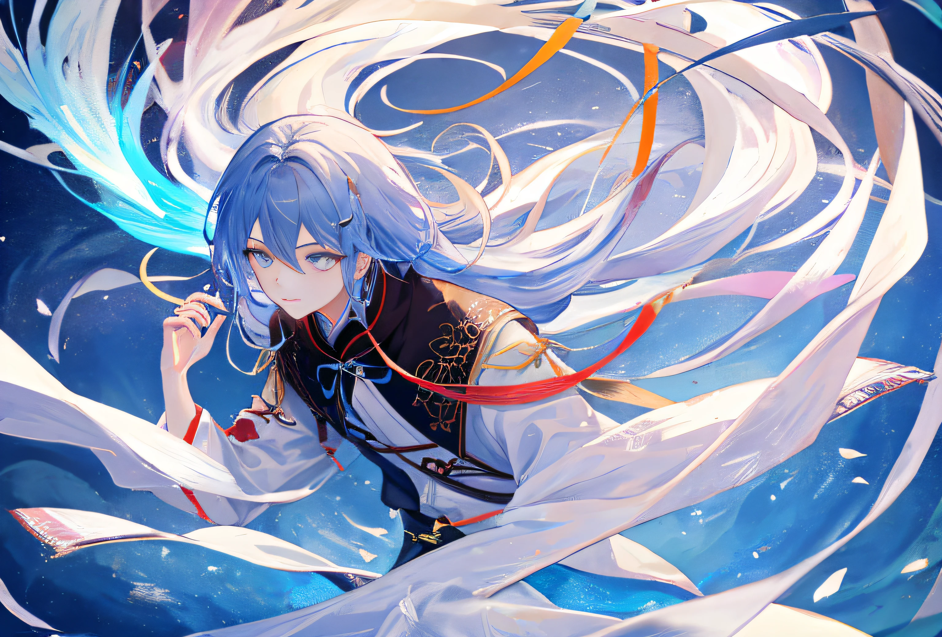 8k,best best quality,MasterPiece,desktop wallpaper,hdt,desktop wallpaper,HIGH RES,A young boy,Younger,Shota,High-definition full-body images,Fluorescent blue and white hair floating in the air,HD faces,Dan Phoenix Eye,Blue-black pupils,Clear lines,Delicate face shape,shawl hair,Flowing hair,Dream Hanfu,Normal attire,exquisite background,dreamy background
