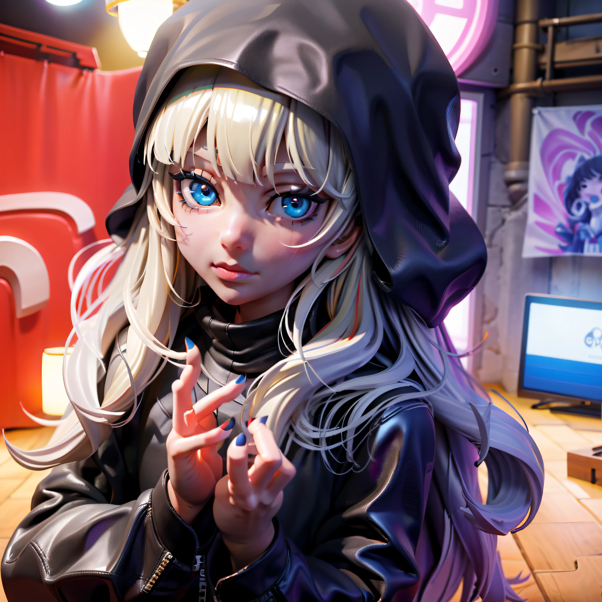 kk, best best quality, more detail, mastery, 1boy,, portrait,,,,,,,,,Female focus, Blue eyes, solo, hair bangs,, Looking Viewer, Black hood, bobed hair, rainting、,Black suit Professional attire \(,The city\), turban,nail polish, black Hair, Luxury, 8k, Detail, raytraced, depth offield, Cinematic lights,
