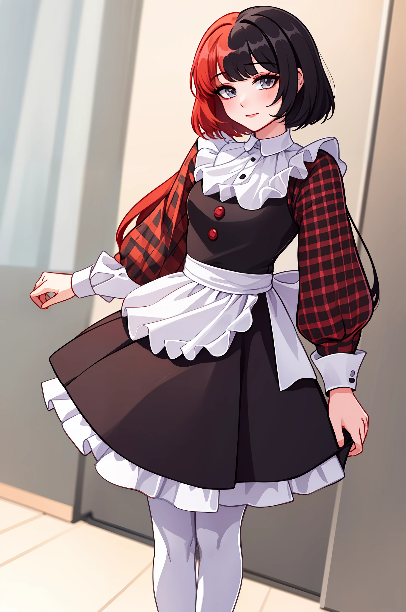 ((masterpiece, Best Quality))), Coupling, solo, a 1girl, ((redhead hair, black hair, multicolored hair)), short hair, white tights, Dressed, Maid costume,