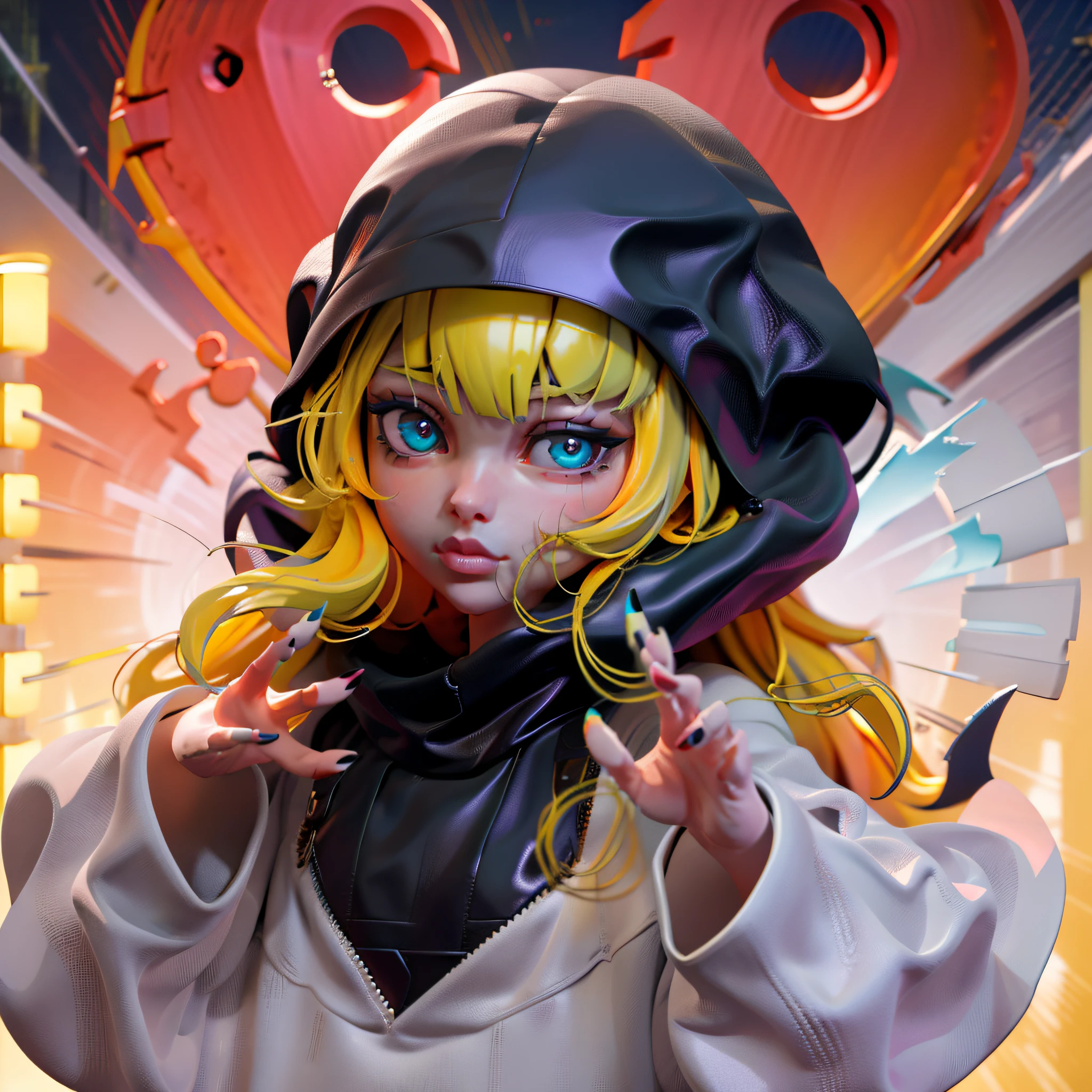 kk, best best quality, more detail, mastery, 1boy,, portrait,,,,Female focus, Blue eyes, solo, hair bangs,, Looking Viewer, Black hood, bobed hair, rainting、, New York, New York \(,The city\), headbands,nail polish, black Hair, Luxury, 8k, Detail, Ray Trace, depth offield, Cinematic lights,