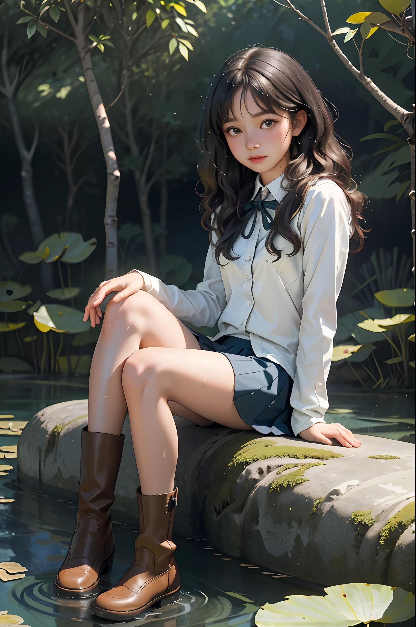 (top quality, masterpiece), 1 girl, curly, wavy hair, uniform, sea, underwater, wet, 18 years old, moving center of gravity back, thin legs, RAW photo, 8K, highest quality, super high resolution, beautiful face in detail, realistic human skin, gentle expression, front view, angle from below, long hair, realistic, photorealistic, cute, mini skirt, cute schoolgirl in the forest, Surreal schoolgirl wearing Japan schoolgirl uniform, full body, sitting on the ground, sitting cross-legged, ecstatic face, mouth wide open, see-through, lotus position, meditation pose, short boots, troubled face, looking at camera