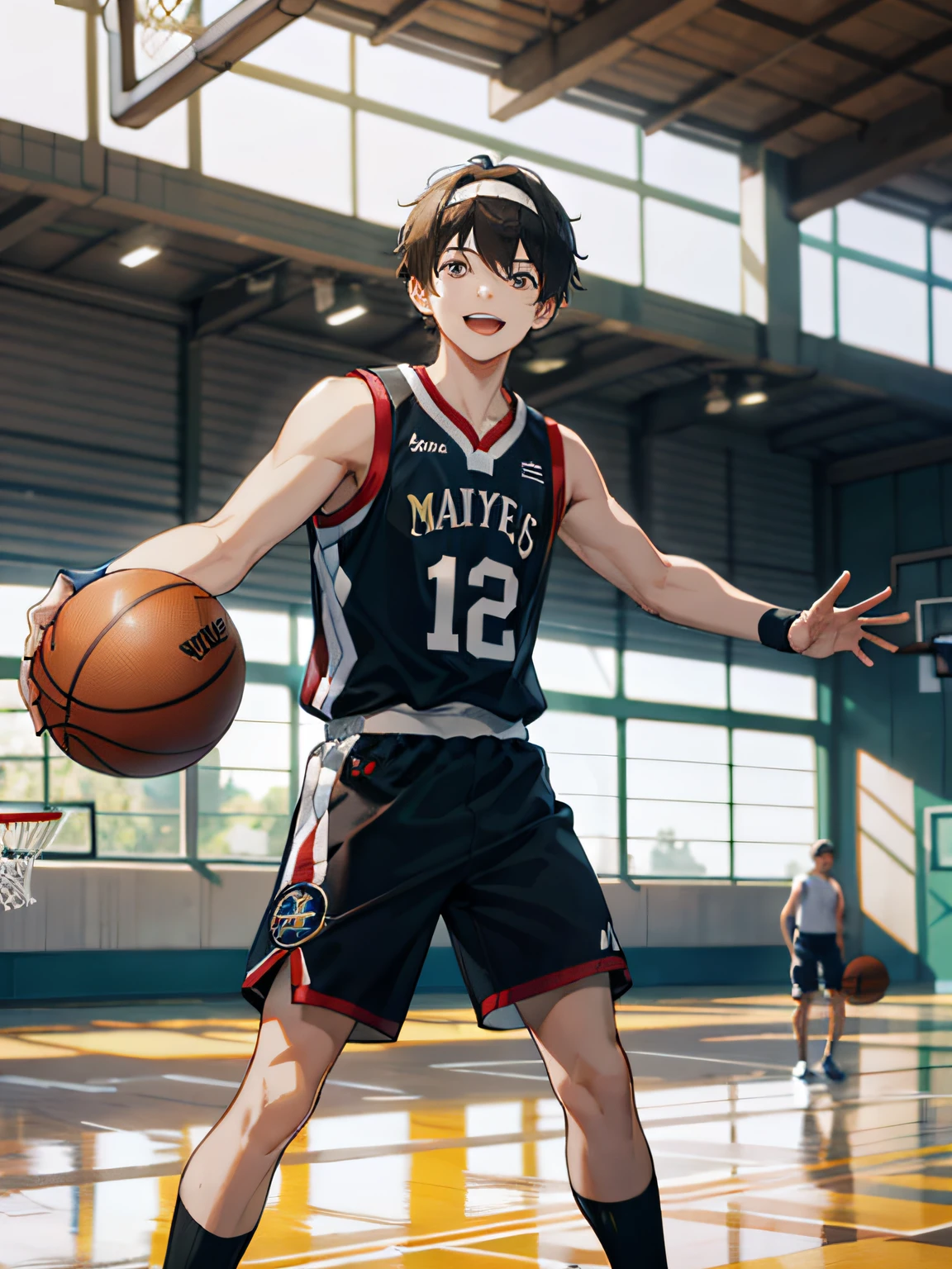 (MasterPiece),(fbest quality),1 male,Young adults,tall,hansome,delicated eyes,Complicated Detail,basketball clothes,hairbands,shortpants,Play basketball,messyfloating hair,medium length hair,Intricate patterns,Optimal light and shadows,Basketball court in background,,Mottled sunshine,During the Day,depth offield,out door,summer,variegated,Arte,depth offield,Sorrisos,close mouth