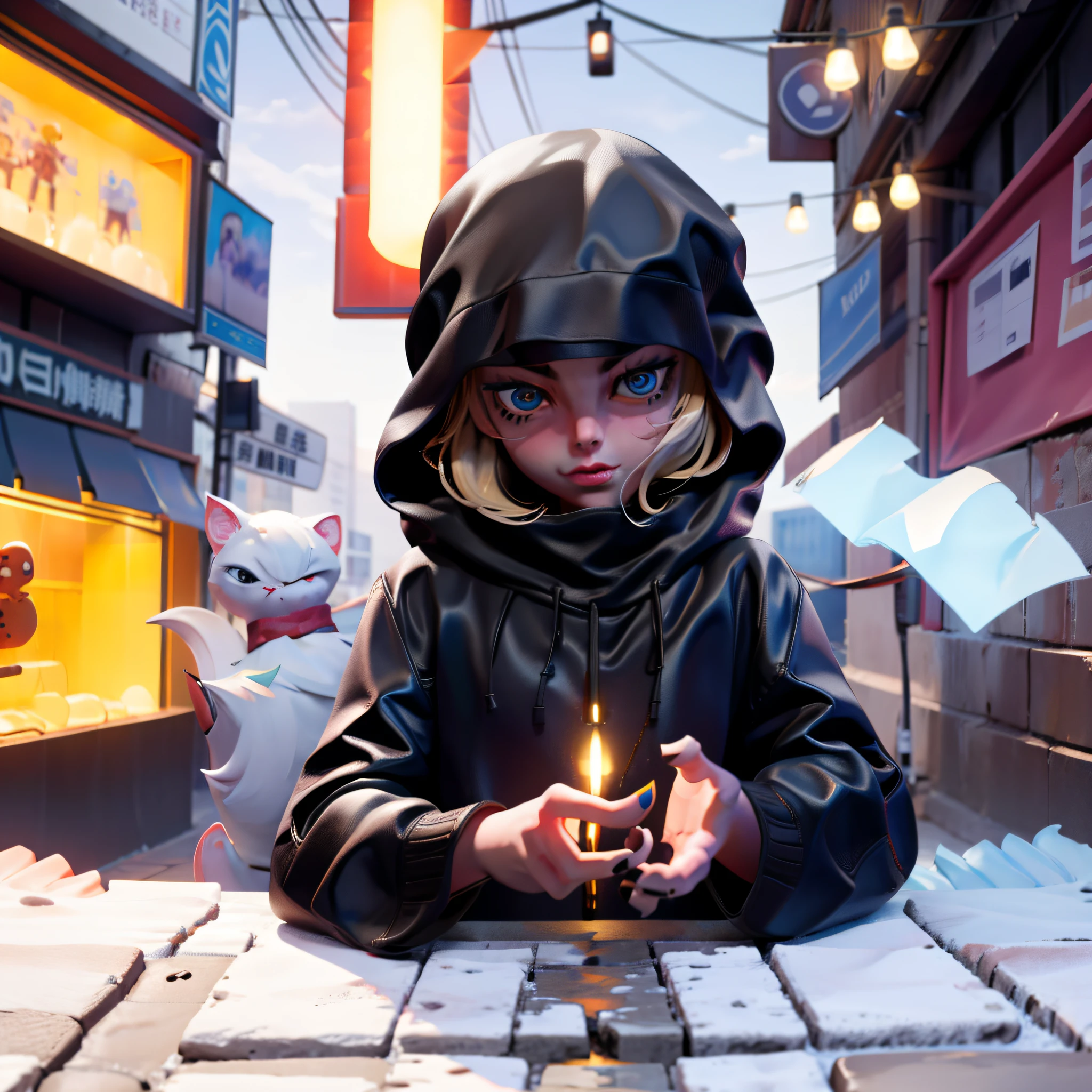 kk, best best quality, more detail, mastery, 1boy,, portrait,,,,Female focus, Blue eyes, solo, hair bangs,, Looking Viewer, Black hood, bobed hair, rainting、, New York, New York \(,The city\), headbands,nail polish, black Hair, Luxury, 8k, Detail, Ray Trace, depth offield, Cinematic lights,
