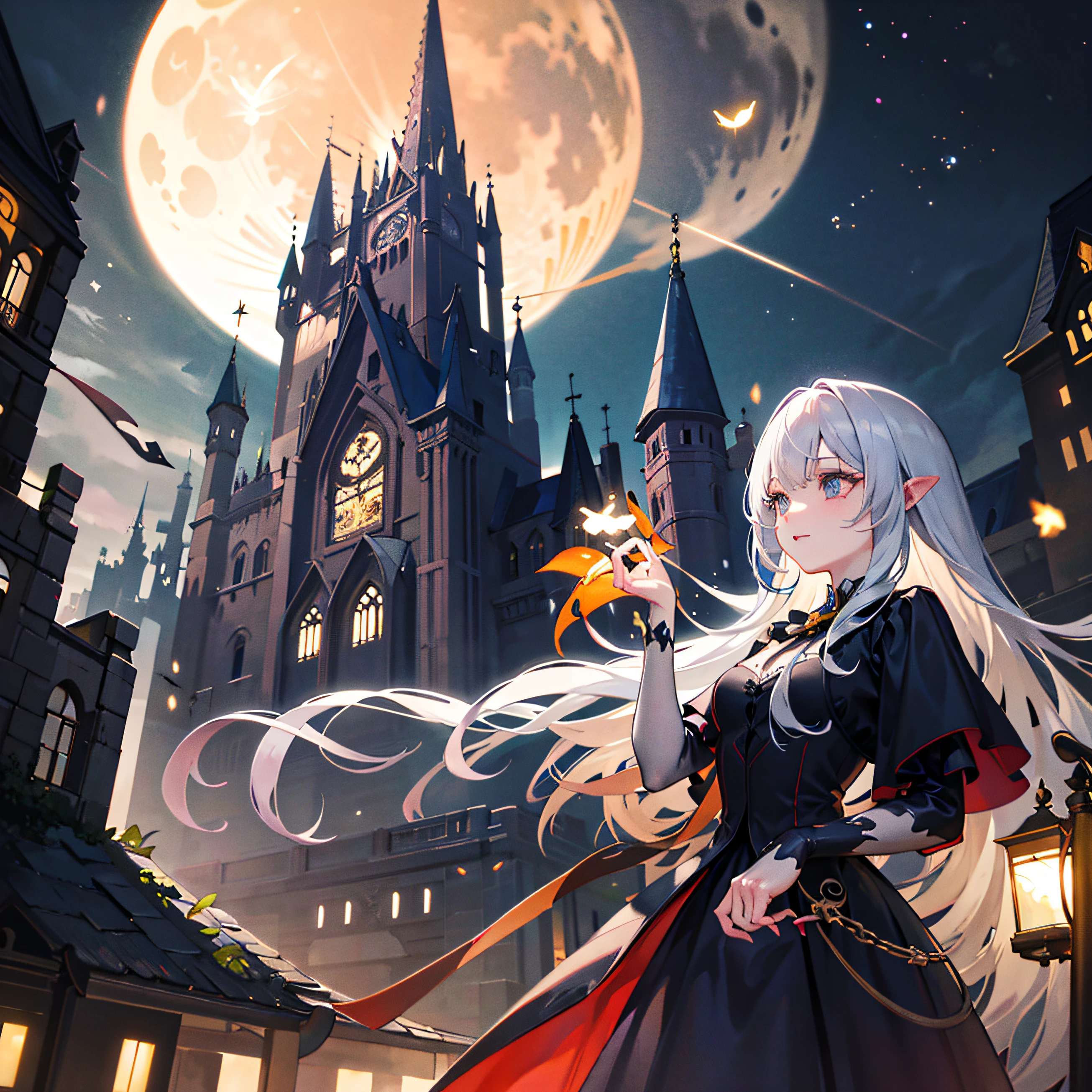 the witch:1.2),(Outdoor Outside),castle,,,(MAGIC:1.1),(on night、,moonrays),(Fireflies:1.2),(Gothic windows)