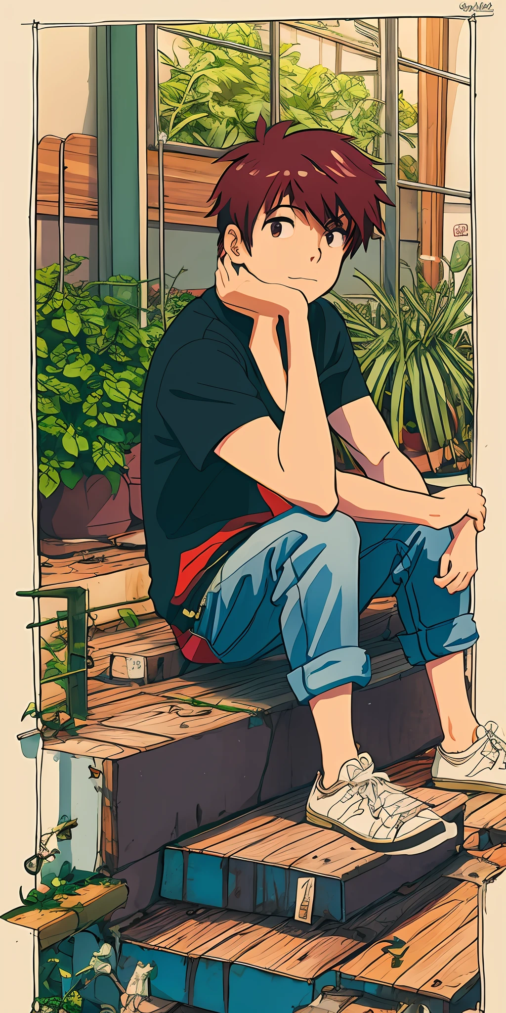 Anime boys sit on some ledges,Delicate Faces,ultra Detailed,solo,MasterPiece,Bu Bear,cute art style,Loepfe Art Style,cute detailed digital art,anime asthetic,Cute anime,high quality anime artstyle,Anime Boy,Anime Art Style,Lovely detailed artwork,Soft anime illustration,lofi girl,lofi aesthetic,lofi art,Loepfe,cute artwork,High-quality doujin art,illustrated anime