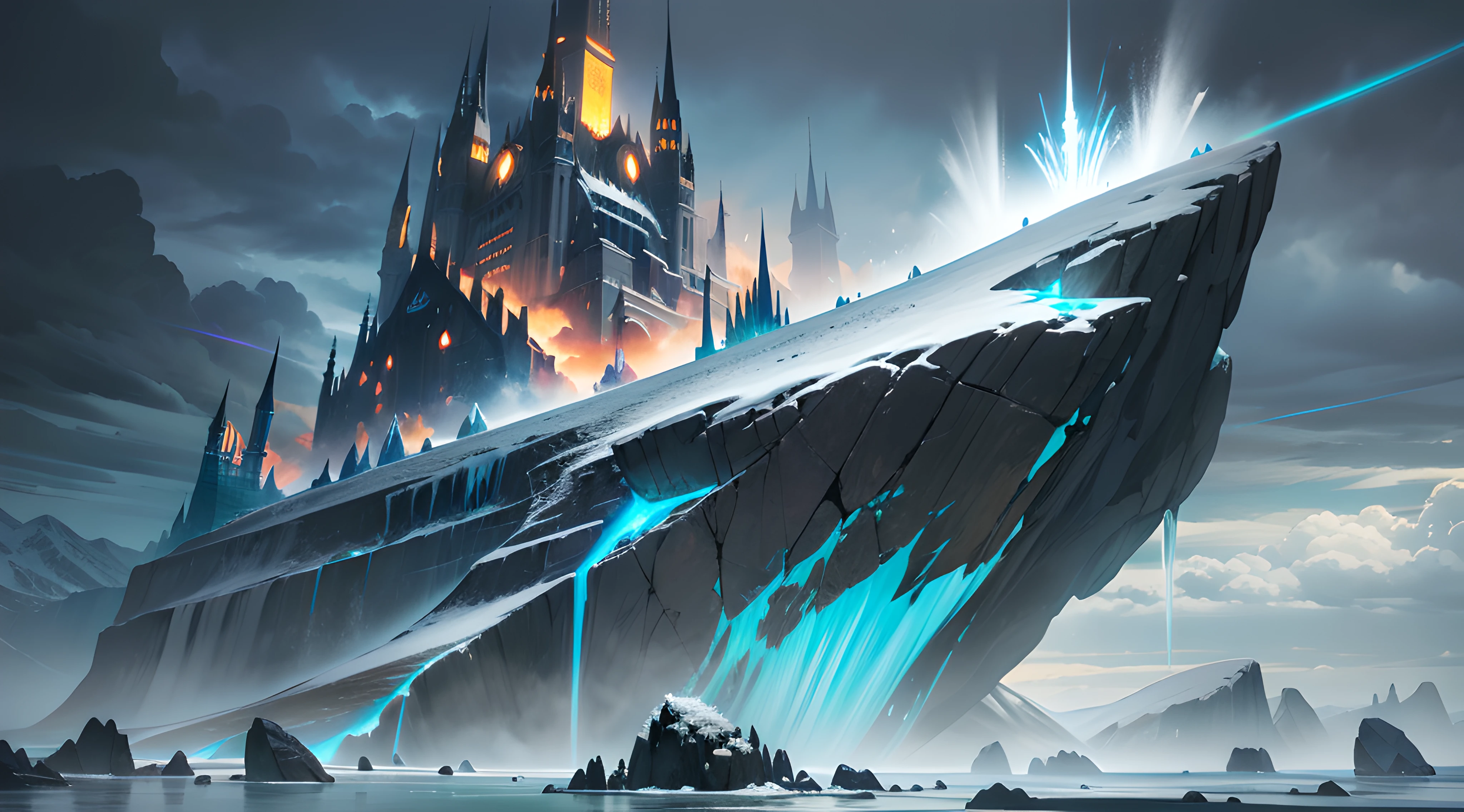 A huge ancient rock covered with snow, floating in the air, over storm sea, Clouds are flying around, neon blue beam from the Island, muted colors, Ice spikes around, digital ilustration, approaching perfection, dynamic, highly detailed, artstation, Concept Art, smooth, sharp focus, illustration, sinister, matte painting movie poster, Golden ratio