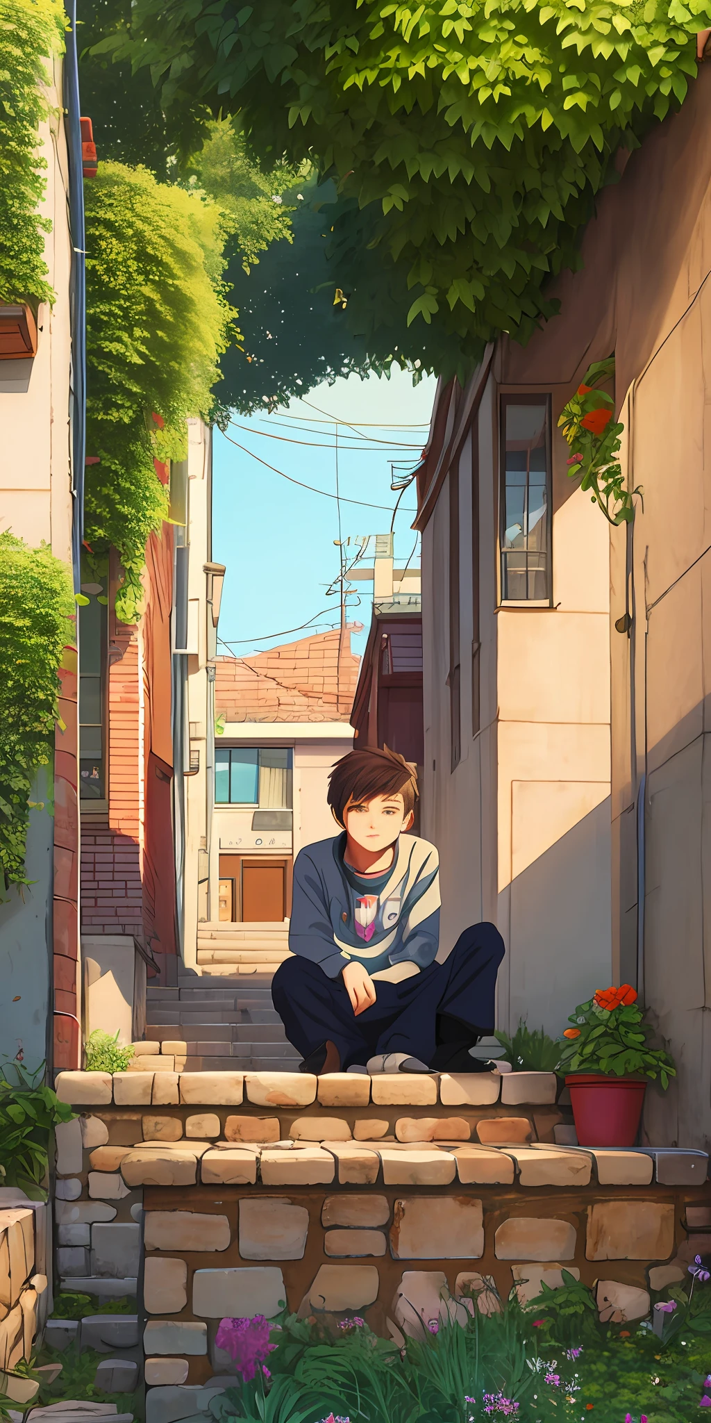 Anime boys sit on some ledges,Delicate Faces,ultra Detailed,solo,MasterPiece,Bu Bear,cute art style,Loepfe Art Style,cute detailed digital art,anime asthetic,Cute anime,high quality anime artstyle,Anime Boy,Anime Art Style,Lovely detailed artwork,Soft anime illustration,lofi girl,lofi aesthetic,lofi art,Loepfe,cute artwork,High-quality doujin art,illustrated anime