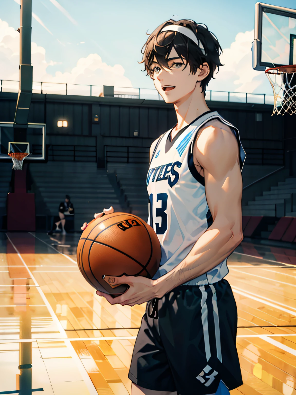 (MasterPiece),(fbest quality),1 male,Young adults,tall,hansome,delicated eyes,Complicated Detail,basketball clothes,hairbands,shortpants,Play basketball,messyfloating hair,medium length hair,Intricate patterns,Optimal light and shadows,Basketball court in background,,Mottled sunshine,During the Day,depth offield,out door,summer,variegated,Arte,depth offield,Sorrisos,close mouth