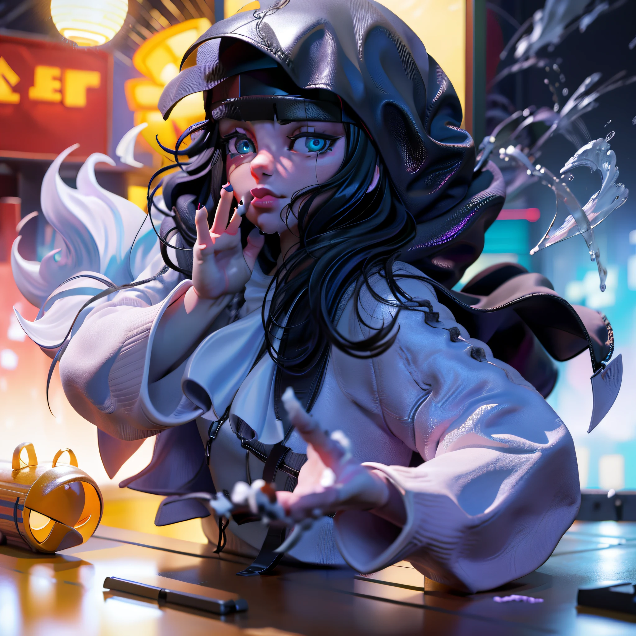 kk, best best quality, more detail, mastery, 1boy,, portrait，，，Female focus, Blue eyes, solo, hair bangs，, Looking Viewer, Black hood, bobed hair, rainting、, tokyo tokyo \(，The city\), headbands，nail polish, black Hair, Luxury, 8k, Detail, Ray Trace, depth offield, Cinematic lights,
