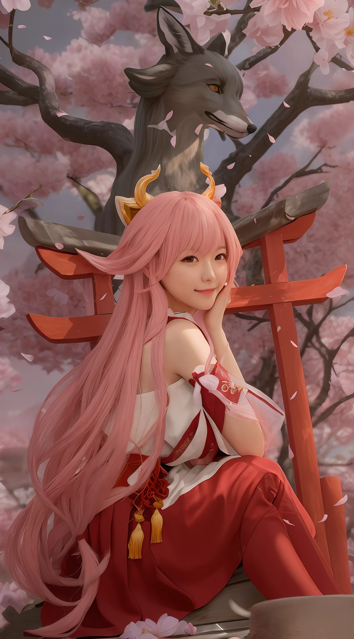 《genshinimpact》Yae Miko,,Pink fox ear girl,best anime 4k konachan wallpaper,Real world,Real person,mesmerizing,Realistic style,,Textured hair,Messy hair,Pink petals float in the air,Fantastic light and shadow,Air bangs