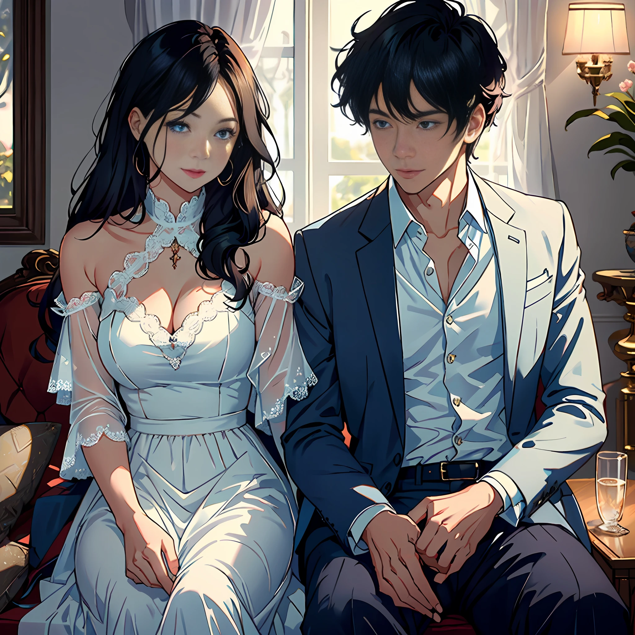 The couple in the image is deeply in love and lost in the moment. The man is tall and handsome with chiseled features and piercing blue eyes. He has a confident and charismatic demeanor, and his love for the woman is evident in the way he gazes at her with adoration. He is wearing a white shirt with a black suit jacket, adding to his sophisticated and refined appearance. The woman is equally stunning with soft features and delicate features. She has a gentle and warm smile, and her eyes sparkle with love and joy. Her hair is styled in loose curls that fall elegantly around her face, adding to her romantic and dreamy appearance. She is wearing a flowing dress with a sweetheart neckline and lace detailing, adding to her romantic and whimsical look.Together, the couple looks like they have just stepped out of a fairy tale. Their love for each other is the centerpiece of the image, and everything else in the scene serves to enhance the beauty and magic of their love story.