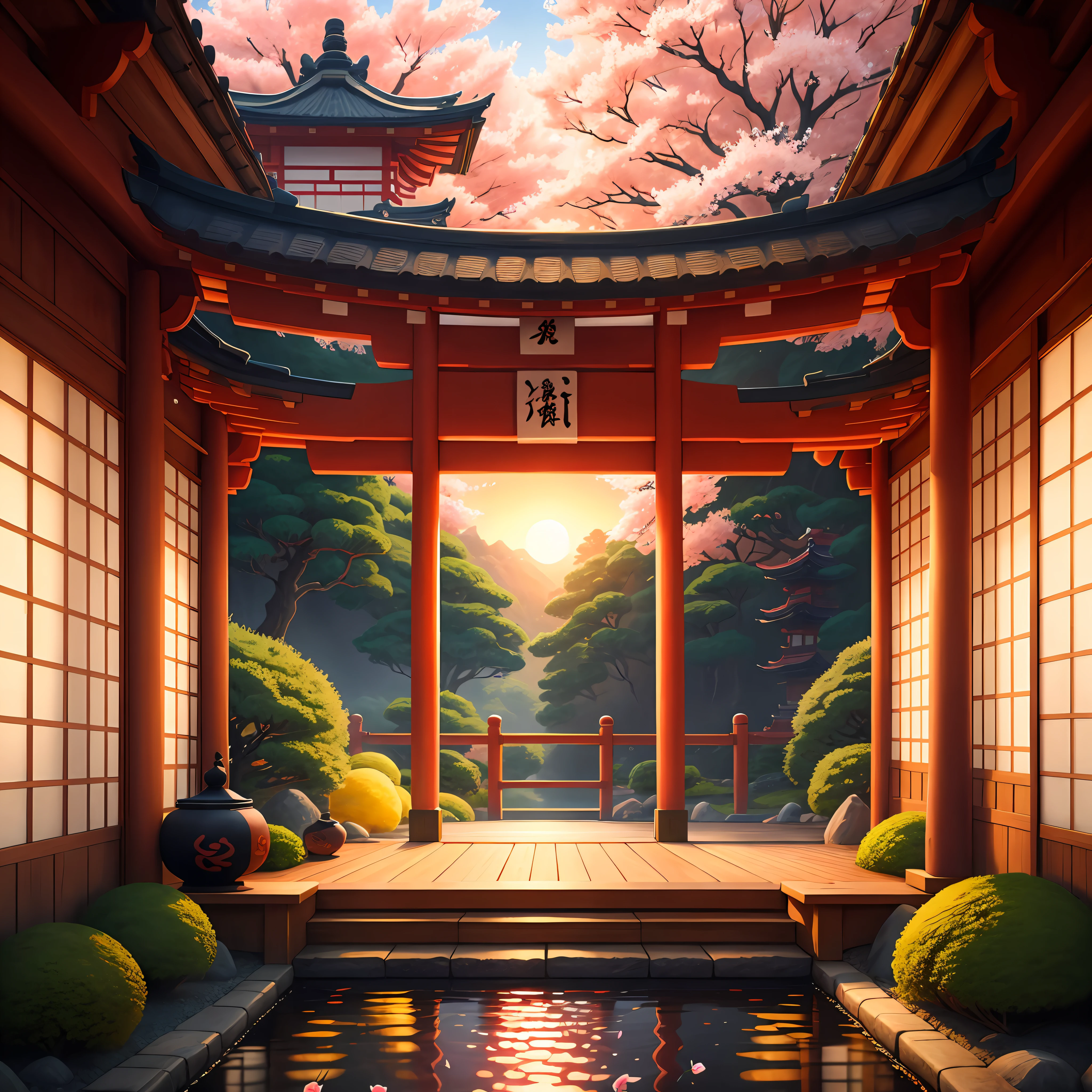 (digital painting),(best quality), serene Japanese garden, cherry blossoms in full bloom, koi pond, footbridge, pagoda, Ukiyo-e art style, Hokusai inspiration, Deviant Art popular, 8k ultra-realistic, pastel color scheme, soft lighting, golden hour, tranquil atmosphere, landscape orientation