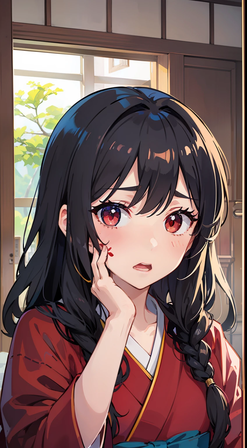 ((Put your hands on your face)), ((Surprised)), (Red Face), 1女の子の接写, BLACK HAIR, Red eyes, Straight Long, japanese clothing, kimono ,, inside room, Mirror, Gender Change, Concept art, beautiful anime scene, beautiful anime scenery, Max Quality, MasterPiece