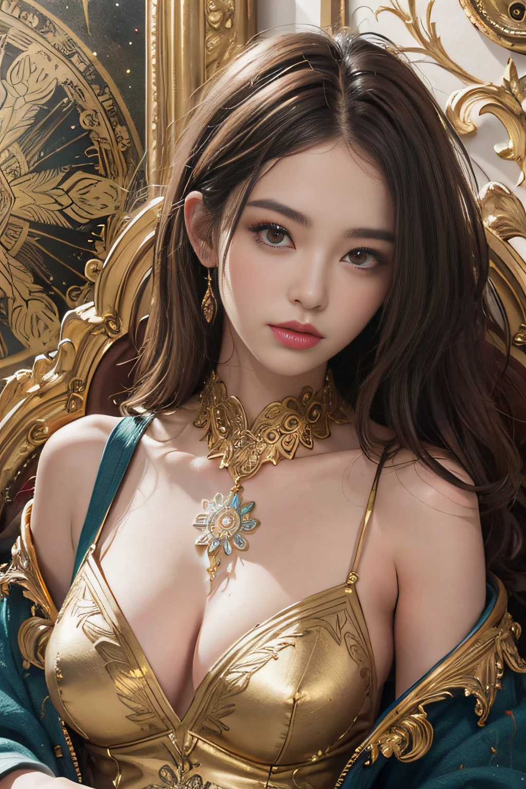 PerfectNwsjMajic,(MasterPiece,, topquality, best best quality, official arts, beautiful and aesthetic:1.2), (1girl), extreme detailed details,colorful,,,highest details, official arts, unity 8k wallpaper, ultra Detailed, beautiful and aesthetic, beautiful, MasterPiece,, best best quality, (zentangle, mandalas, tangled, entangle) ,holy light,Gold Leaf、,gold leaf art,glitter drawing, are shoulders, Bare Feet, Bare back, Lustrous Skin, shiny hair, Close up of a, ,Boobs, neck, sshoulder, full head, Perfect eye, perfect iris