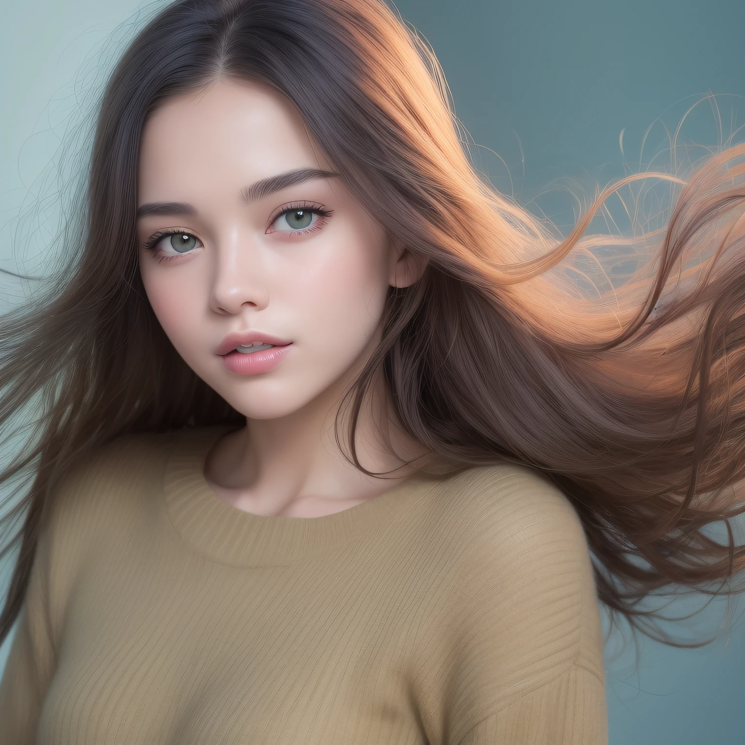 Solo girl portrait, nice perfect face with soft skin, small face with nose and rose-like lips, beautiful eyes, beautiful smile. Black and thin long beautiful hair, orange knit and beige pants, floating, (lavender background), (best quality, 8k, game CG, photorealistic, wallpaper), (red | green | blue | black | white color), Raphael, USA: 0.5