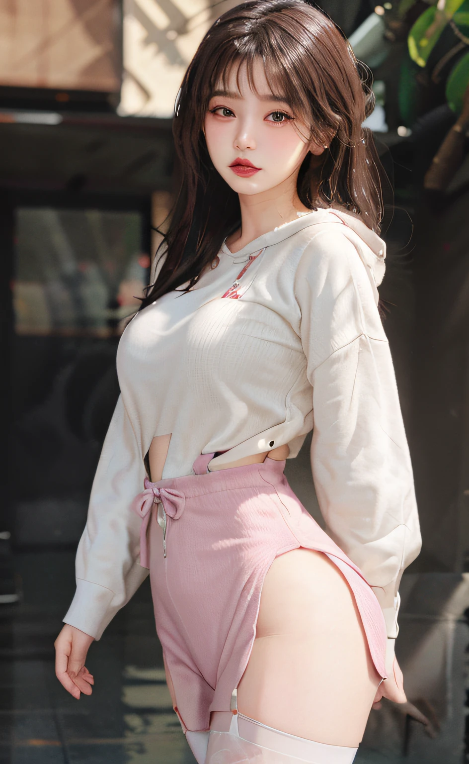 (MasterPiece,PhotoRealistic,HIGH RES),((1girle):1.2),Korean,((White wavy hair):1.3),(heterochromia eyes:1.1,Thick eyebrows,),(White showy hoodie),((medium Breasts):1.2,small waist,thicc thighs),Catwalk walk,MasterPiece:1.2,best best quality),realostic,(Real pictures,rich details details,depth offield),(1 girl,solo),wearing professional makeup,High Details,perfect face shape,(:1.4),(Skin Dent),Thick Thighs,Wide hips,Thin waist,Haute,coral,redlips,Red Eyes,pony tail(girl,Shallow tulle,Tulle transparent),(Sweat:1.2),(WET),erogenous,blushed,(Shy expression), suspenders,yoga pant,piece stockings